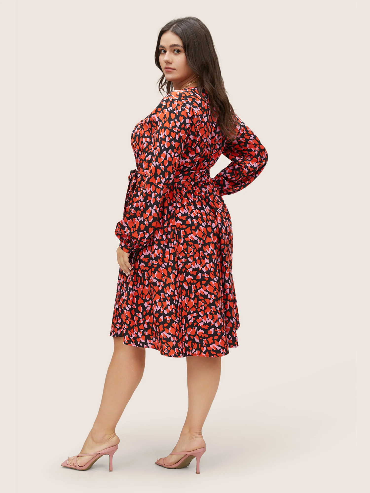Heart Allover Print Belted Surplice Neck Dress - Image 3