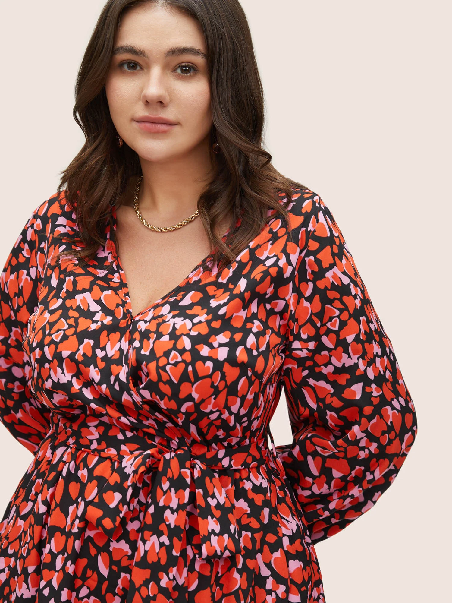 Heart Allover Print Belted Surplice Neck Dress - Image 4