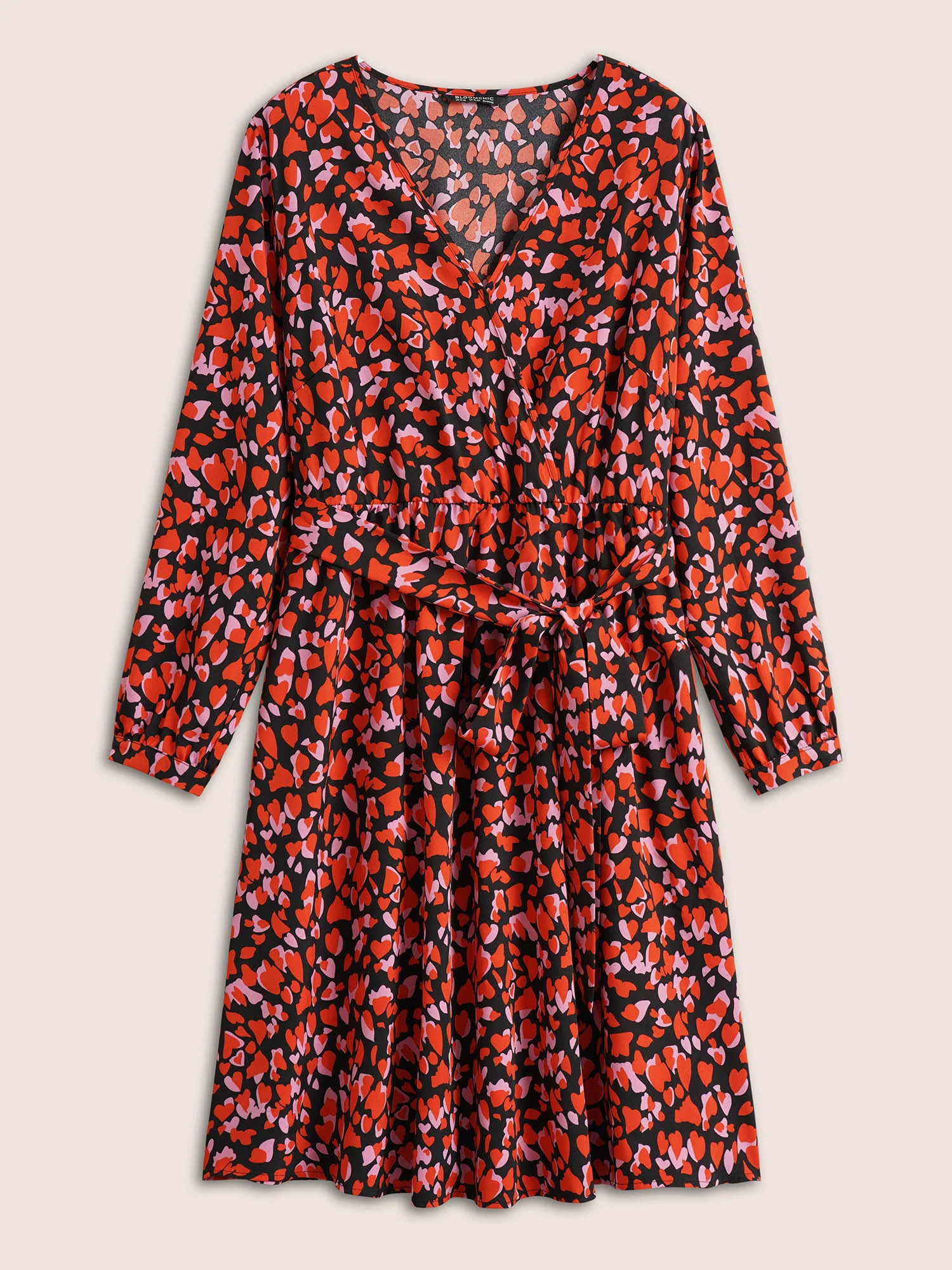 Heart Allover Print Belted Surplice Neck Dress - Image 7