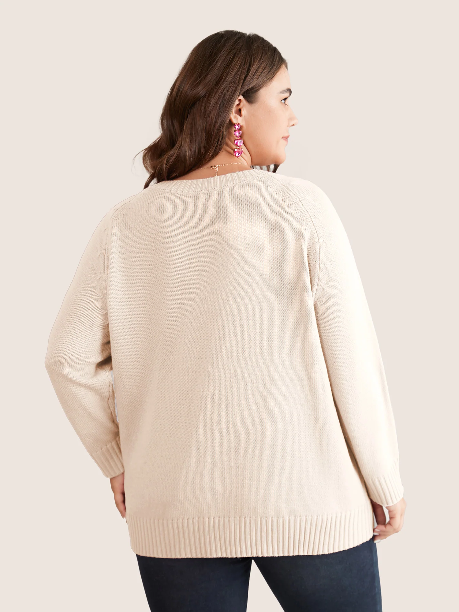 Heart Cable Knit Two Tone Raglan Sleeve Pullover - Image 2