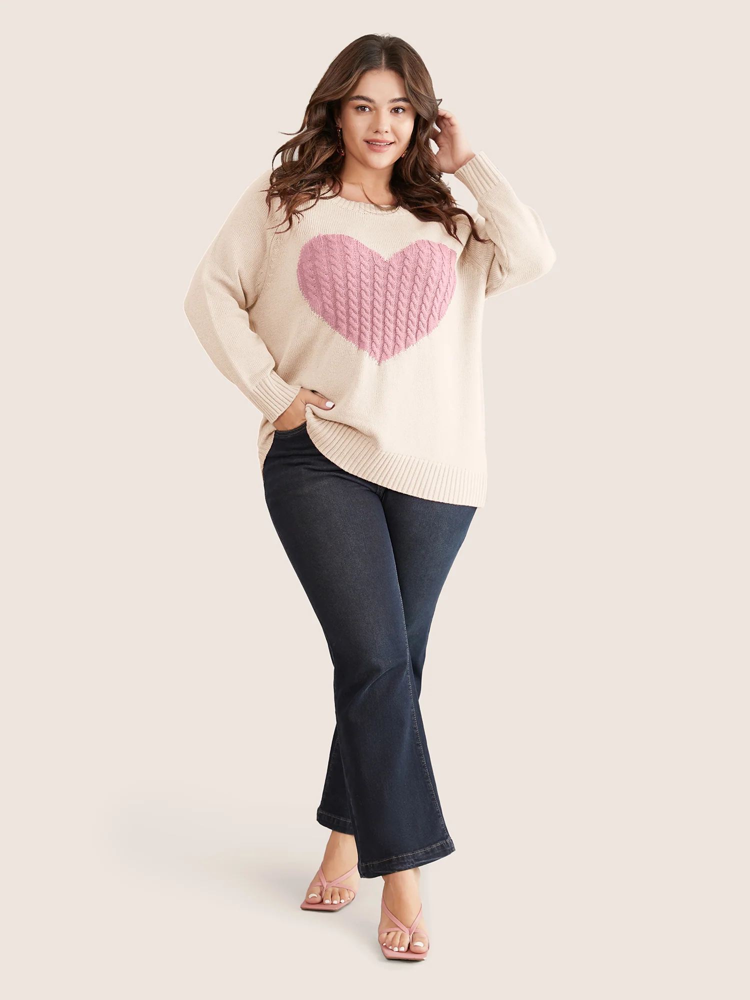 Heart Cable Knit Two Tone Raglan Sleeve Pullover - Image 3