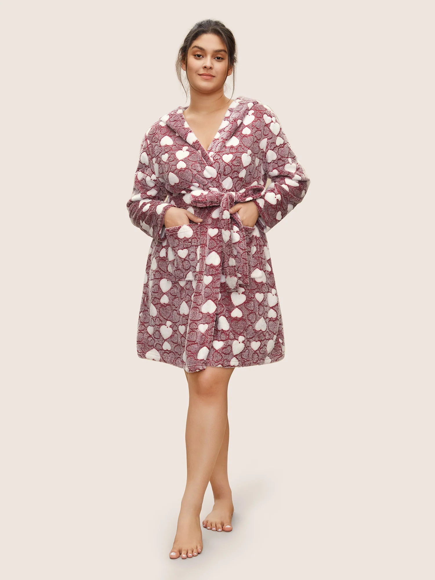 Heart Contrast Hooded Pocket Belted Robe - Image 2