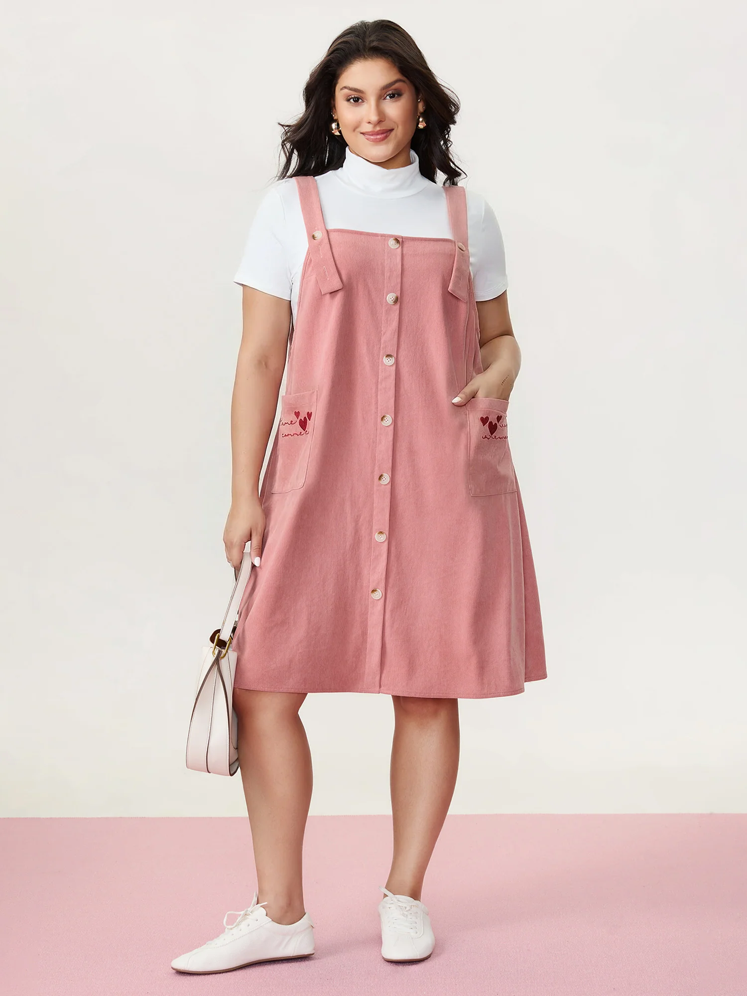 Heart Embroidered Pockets Adjustable Overall Dress - Image 2