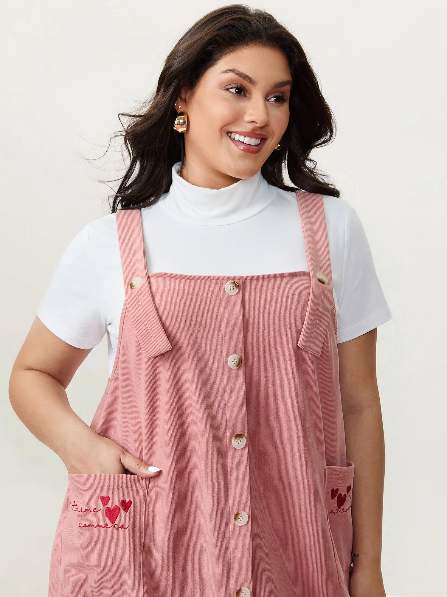 Heart Embroidered Pockets Adjustable Overall Dress - Image 3