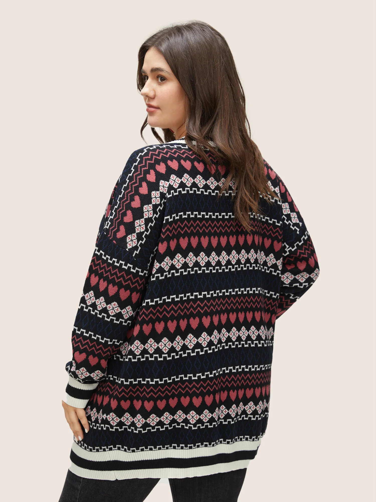 Heart Geometric Jacquard Pocket Cardigan - Image 2