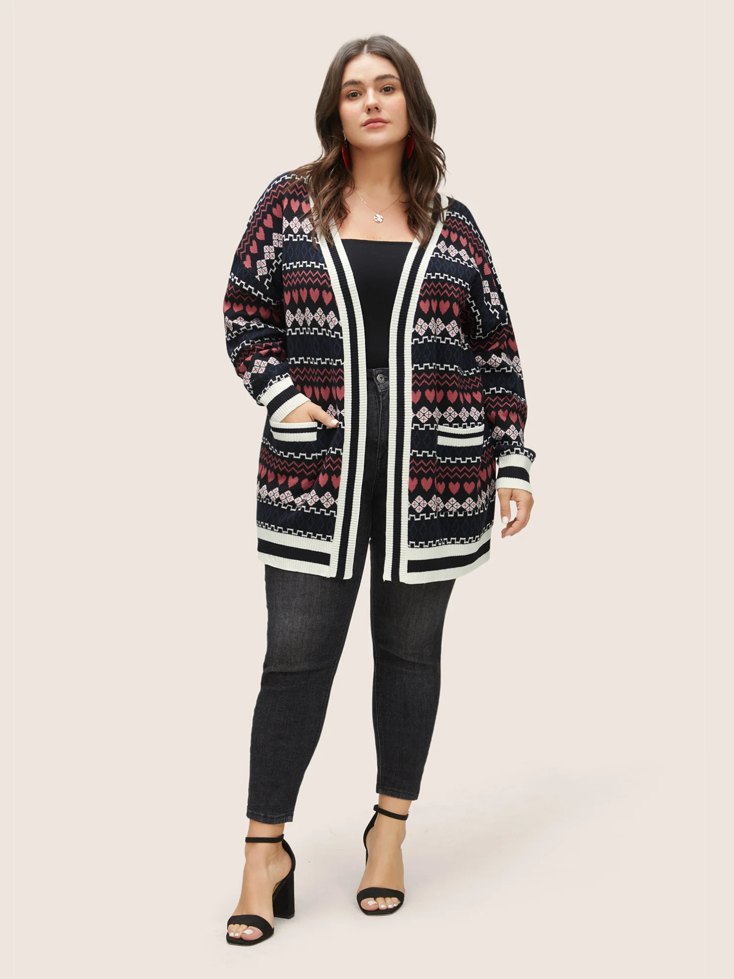 Heart Geometric Jacquard Pocket Cardigan - Image 3