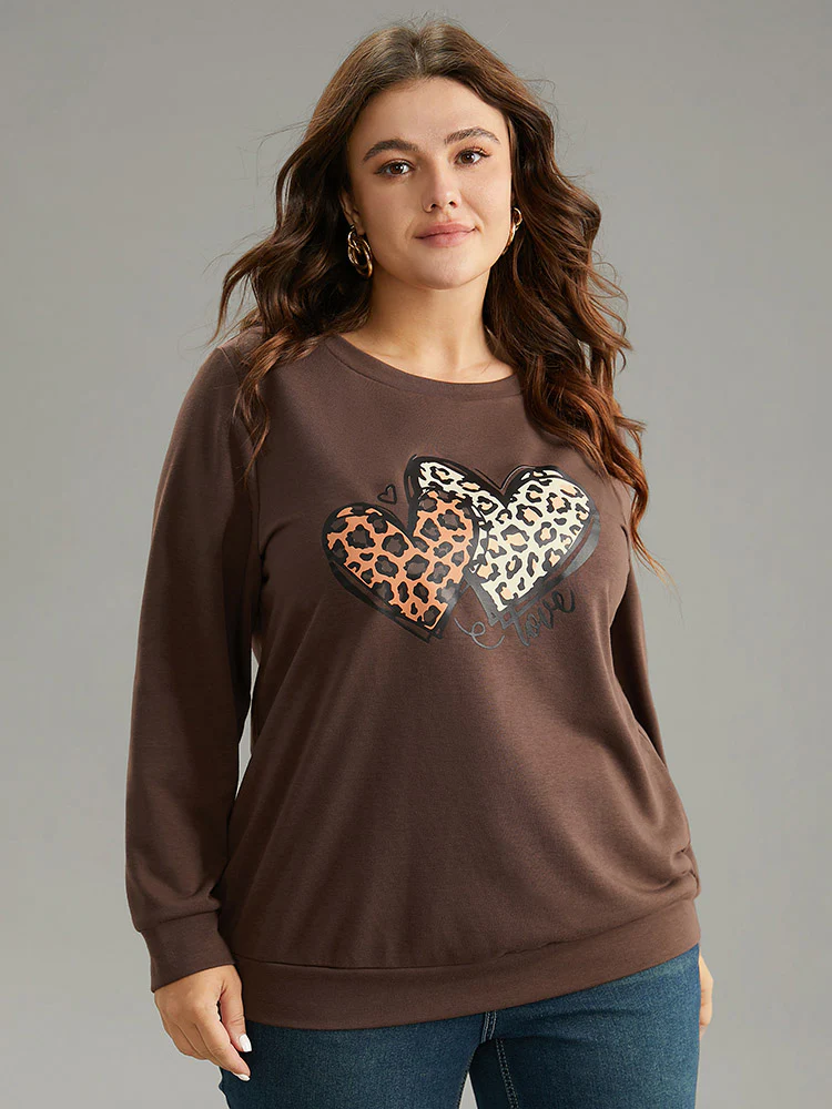 Heart Leopard Round Neck Sweatshirt
