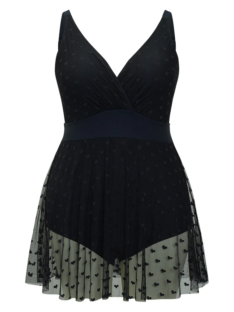 Heart Mesh Hem Wrap Gathered Sculpt Waist Swim Dress - Image 10