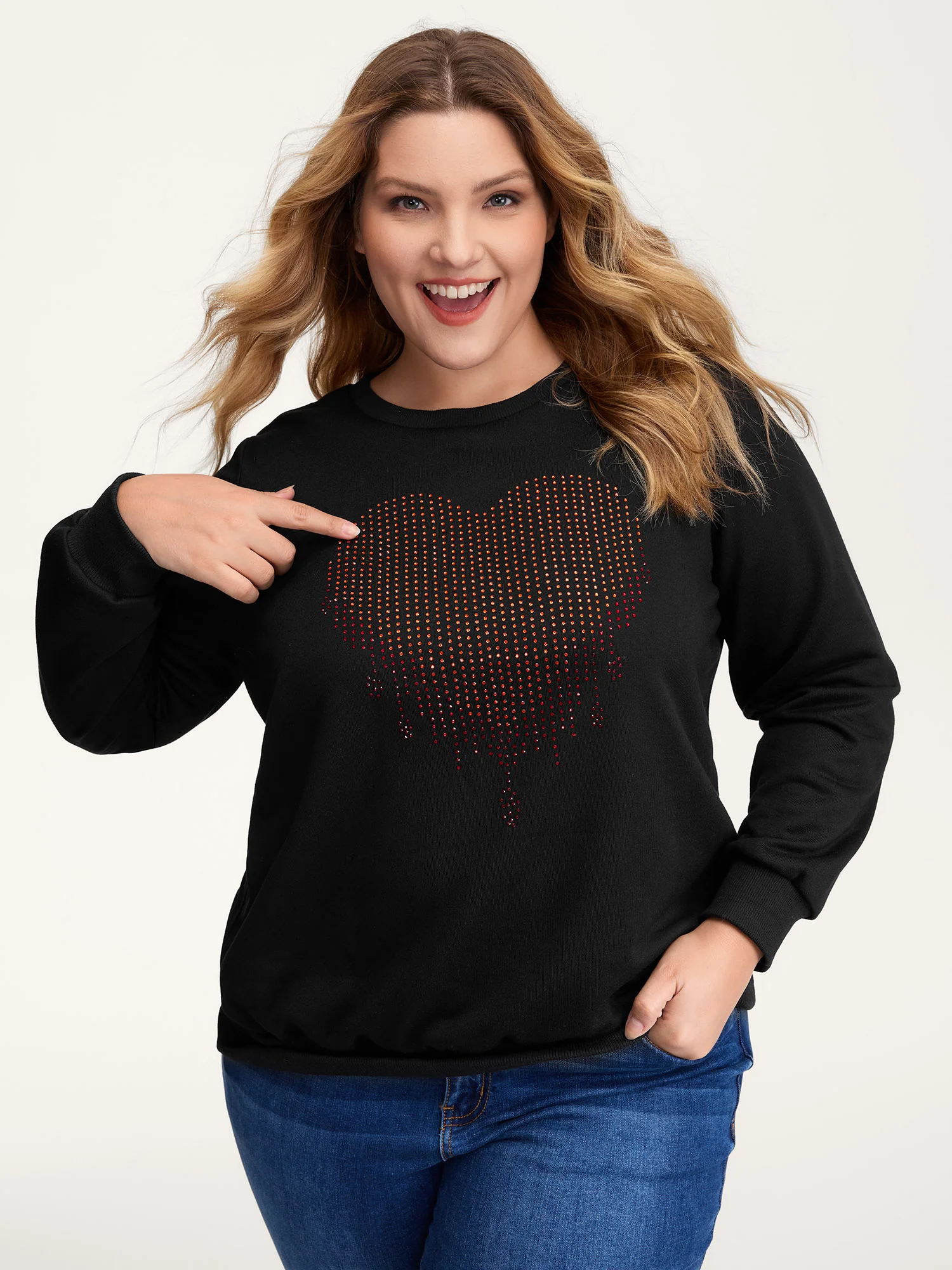 Heart Motif Rhinestones Round Neck Sweatshirt - Image 2