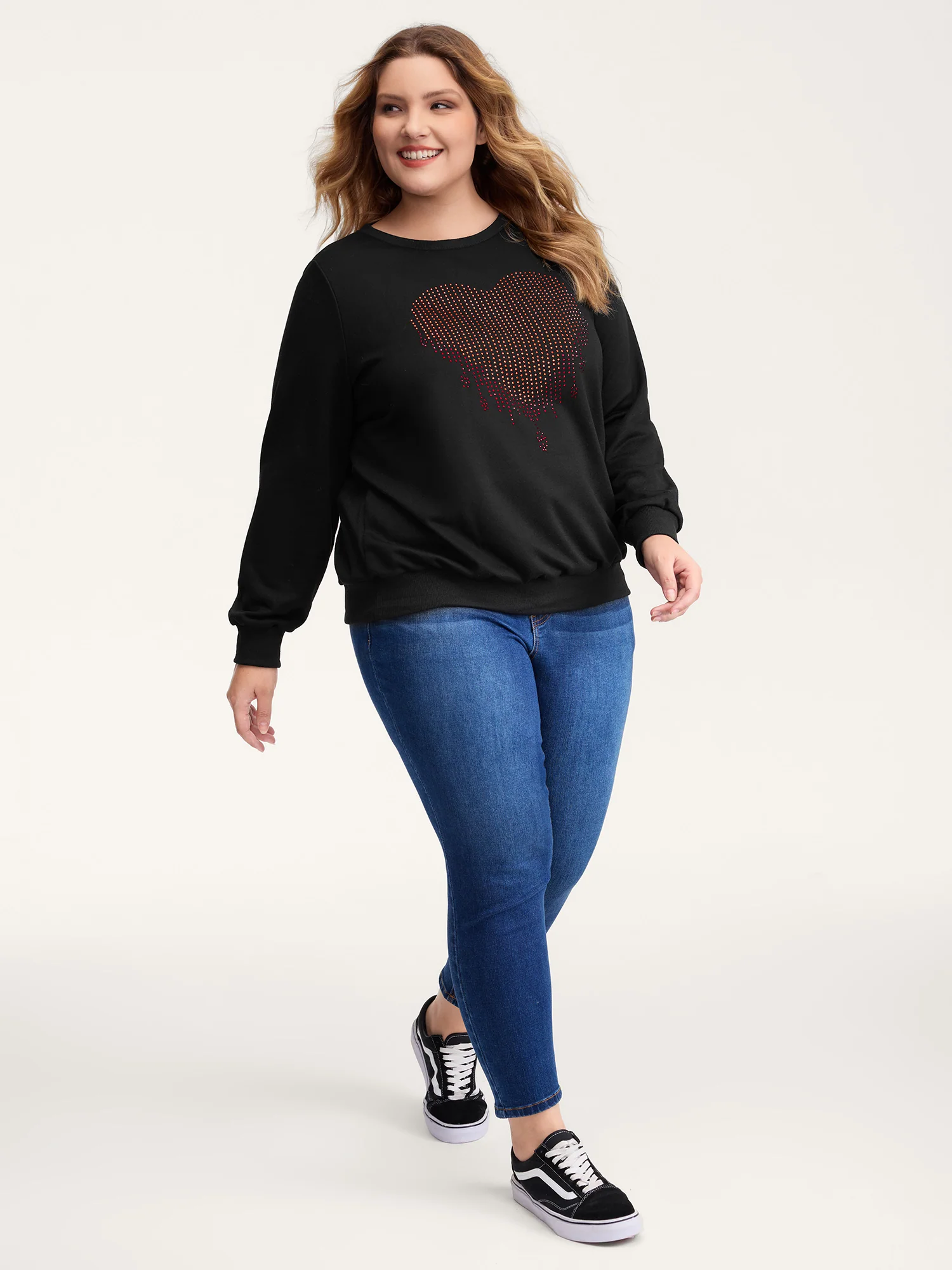 Heart Motif Rhinestones Round Neck Sweatshirt - Image 3