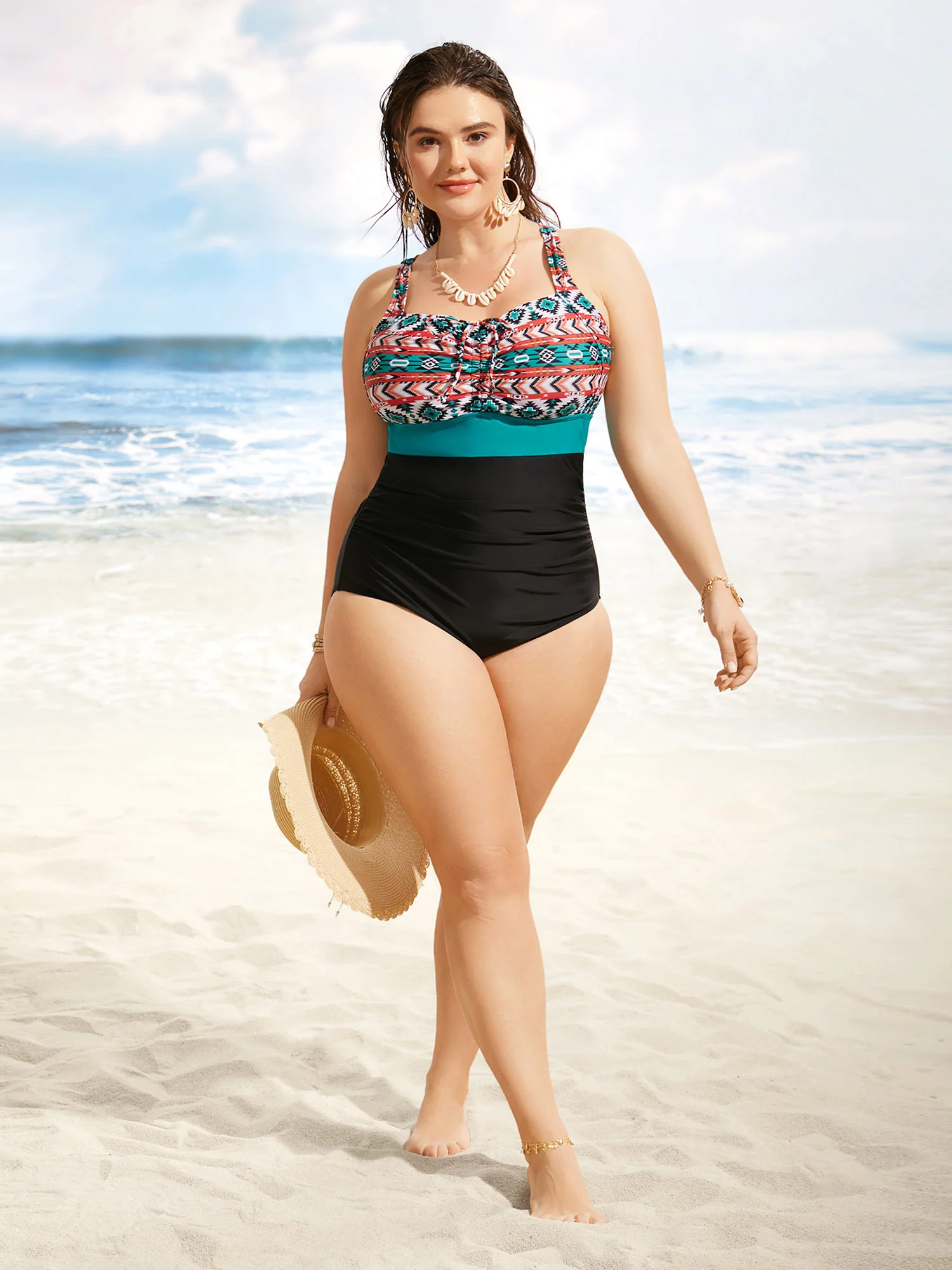 Heart Neckline Bandana Print Contrast One Piece Swimsuit - Image 4