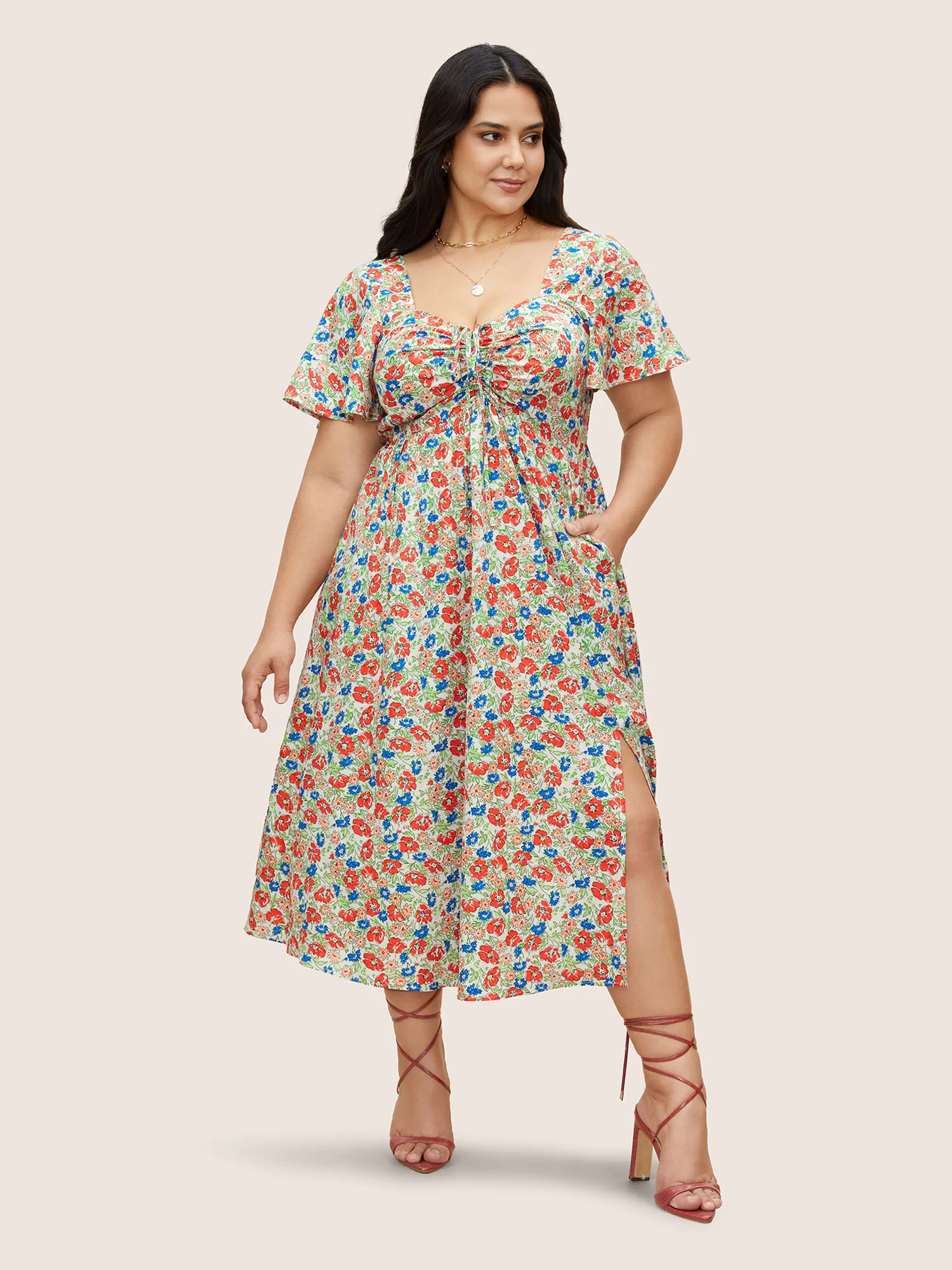 Heart Neckline Ditsy Floral Tie Knot Drawstring Dress - Image 2