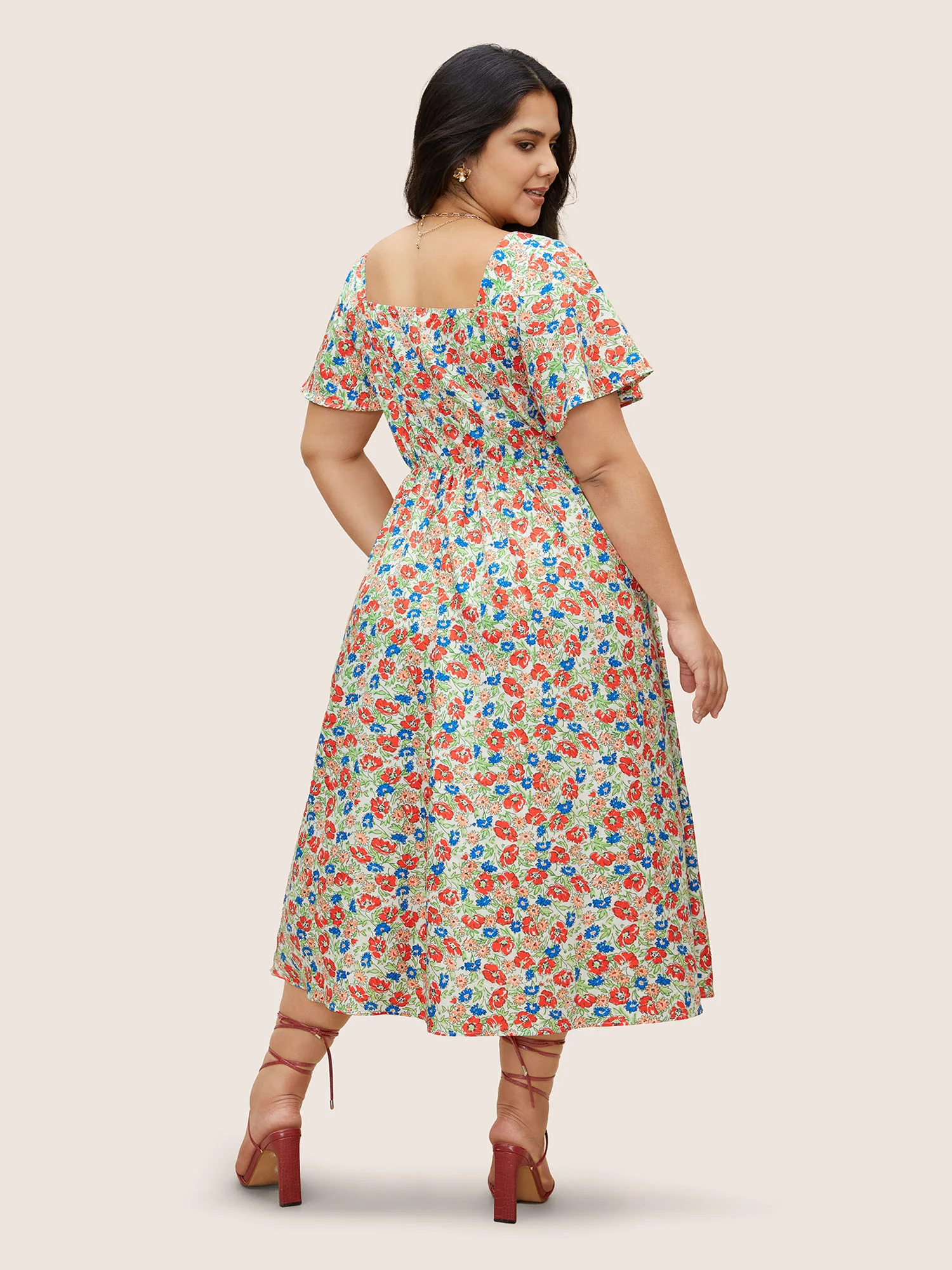 Heart Neckline Ditsy Floral Tie Knot Drawstring Dress - Image 3
