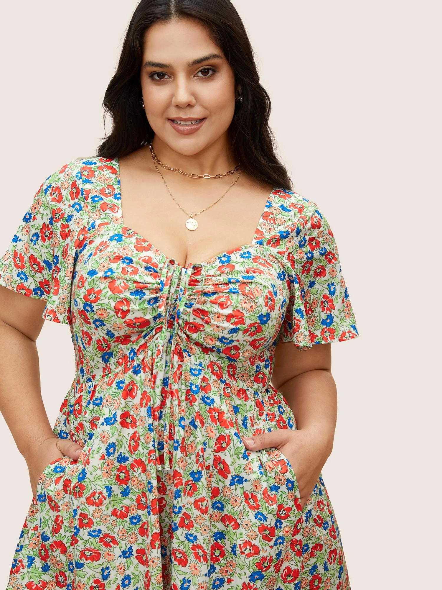 Heart Neckline Ditsy Floral Tie Knot Drawstring Dress - Image 4