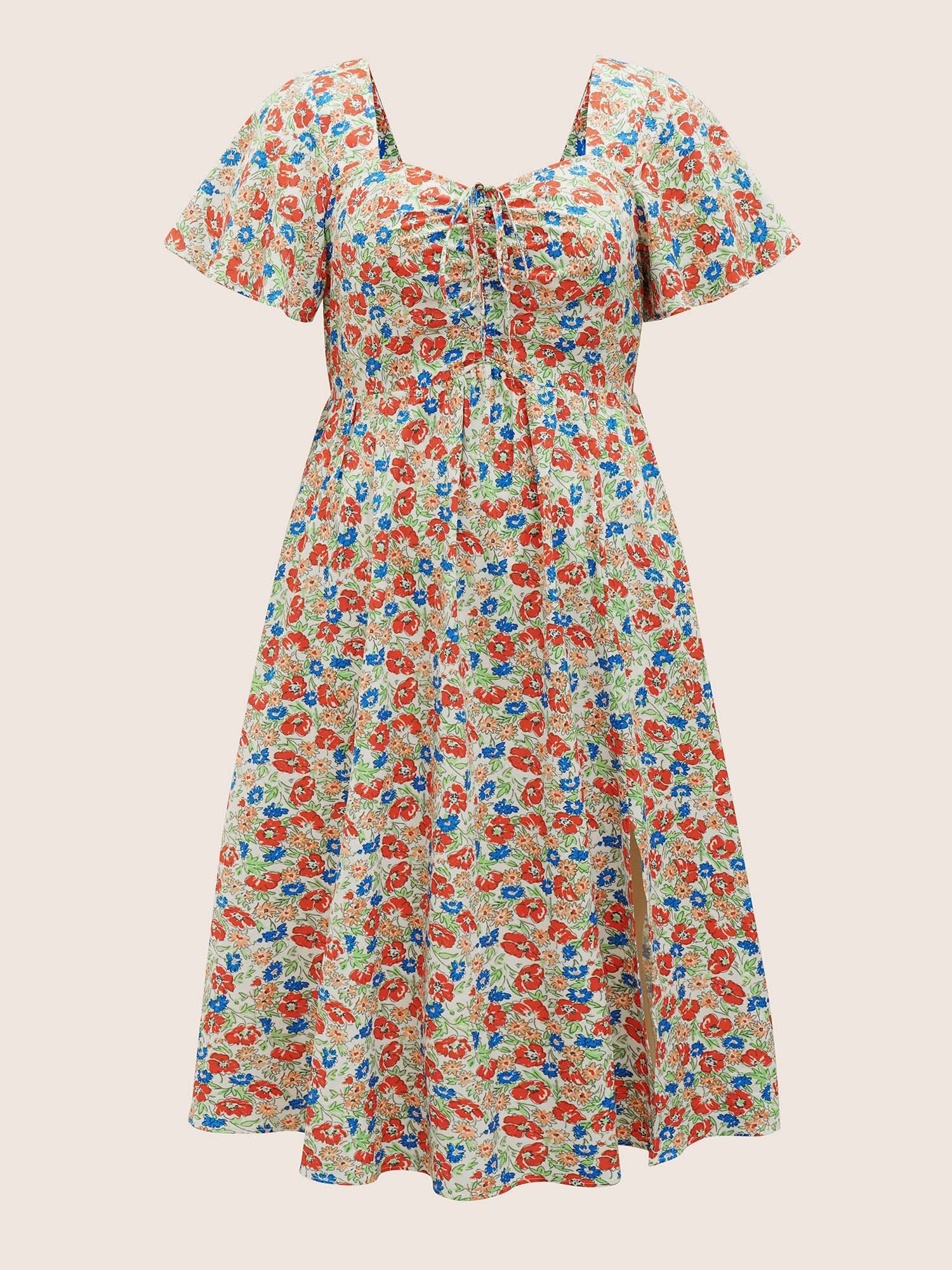 Heart Neckline Ditsy Floral Tie Knot Drawstring Dress - Image 7