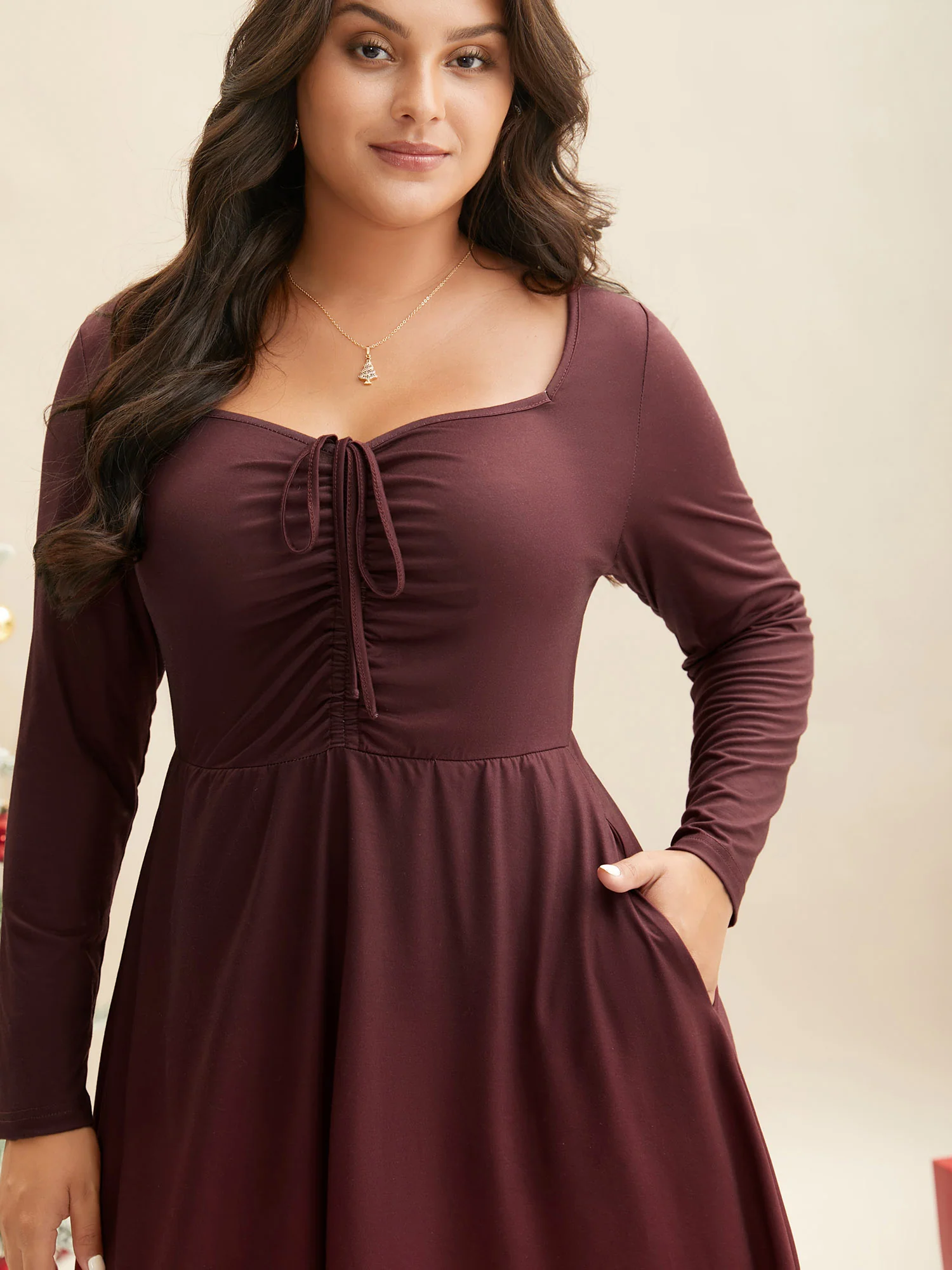 Heart Neckline Drawstring Gradient Midi Dress - Image 2