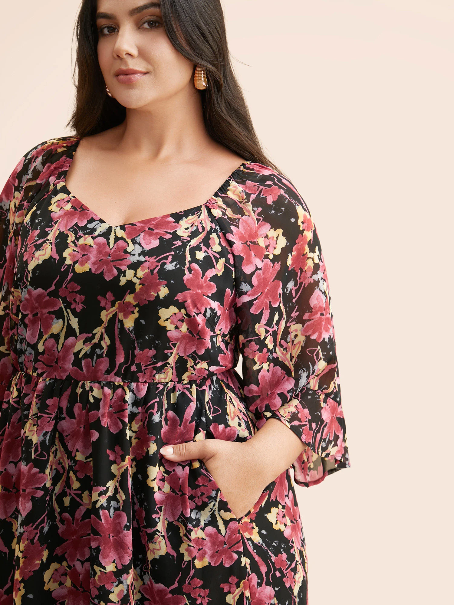 Heart Neckline Floral Mesh Patchwork Dress - Image 2