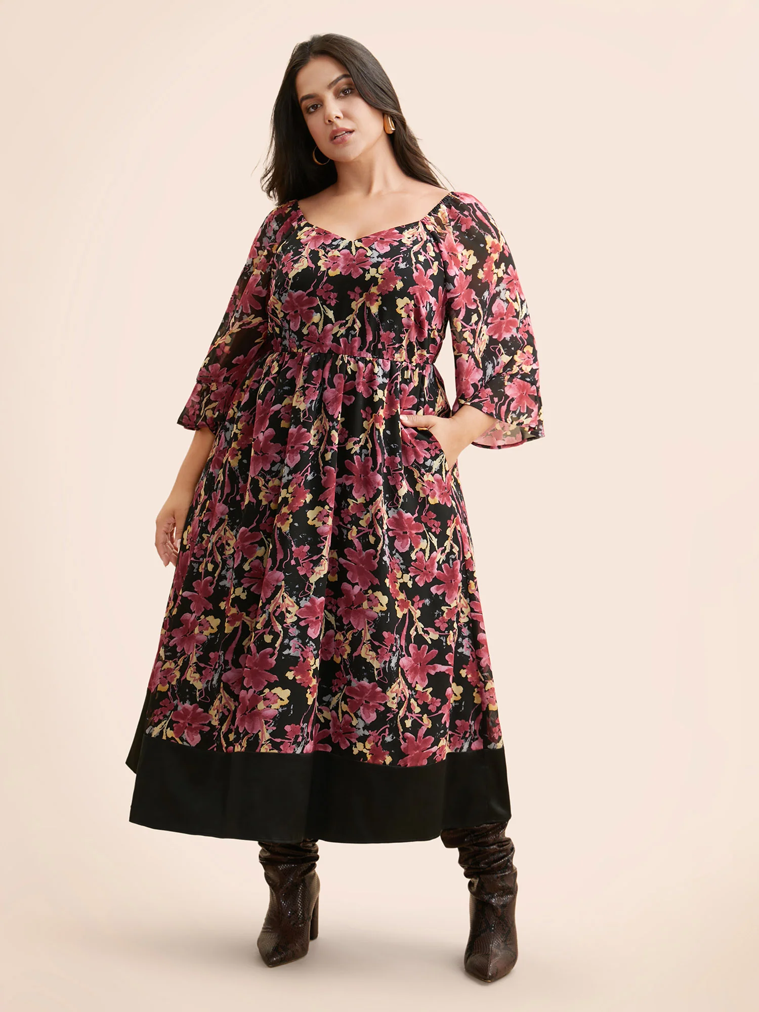 Heart Neckline Floral Mesh Patchwork Dress - Image 3