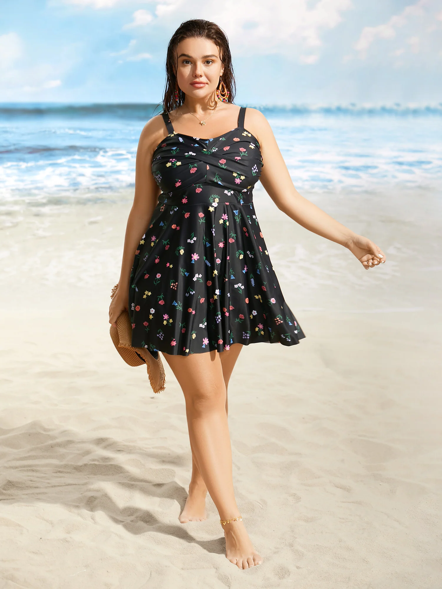 Heart Neckline Floral Twist Front Swim Dress - Image 3