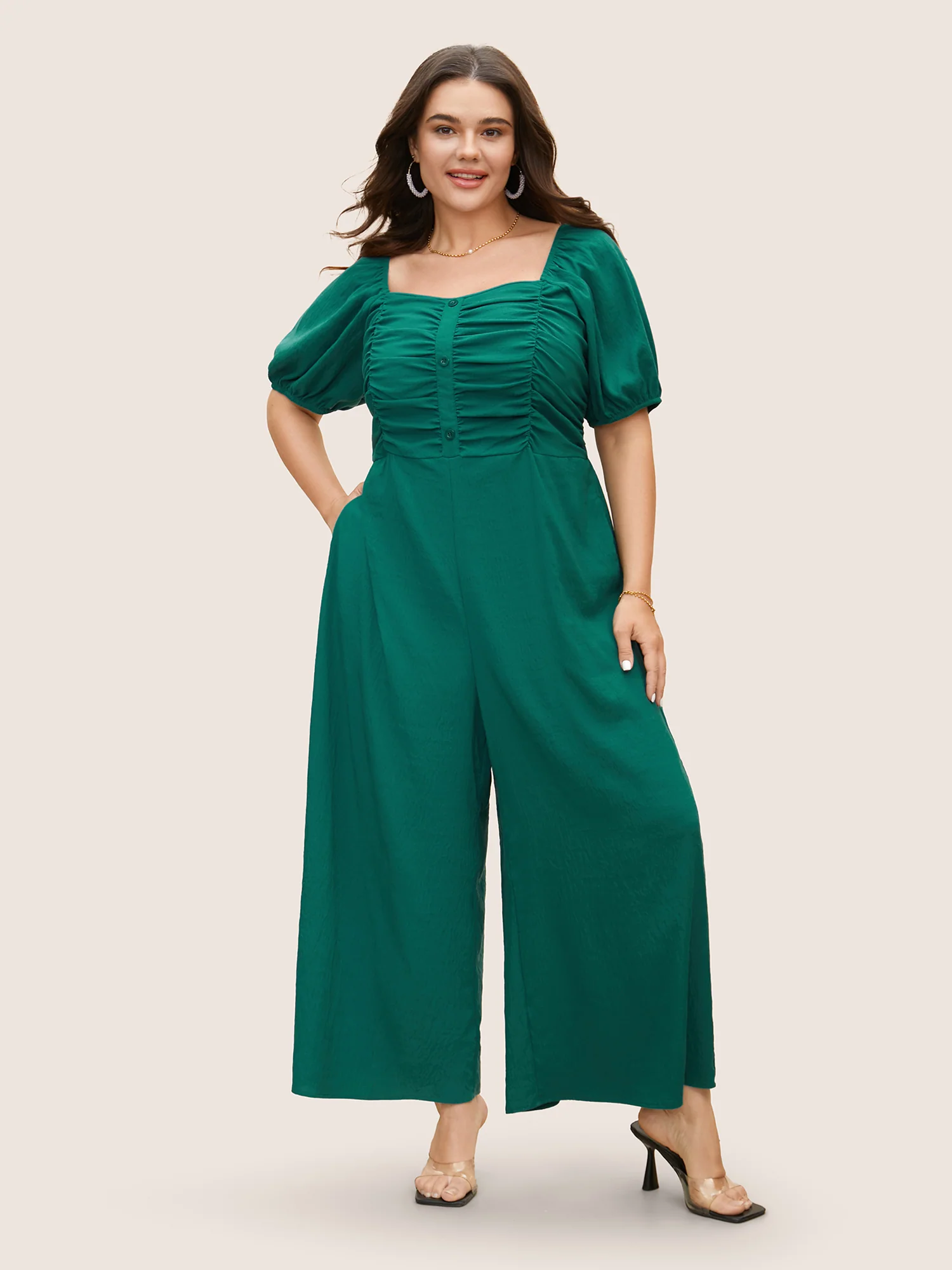 Heart Neckline Lantern Sleeve Ruched Jumpsuit - Image 3