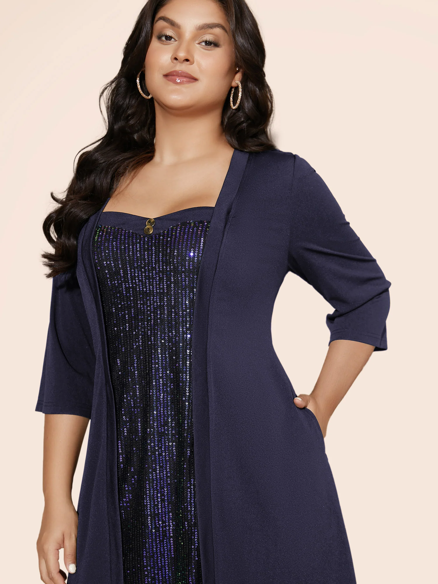 Heart Neckline Patchwork Sequin Button Detail Dress - Image 15