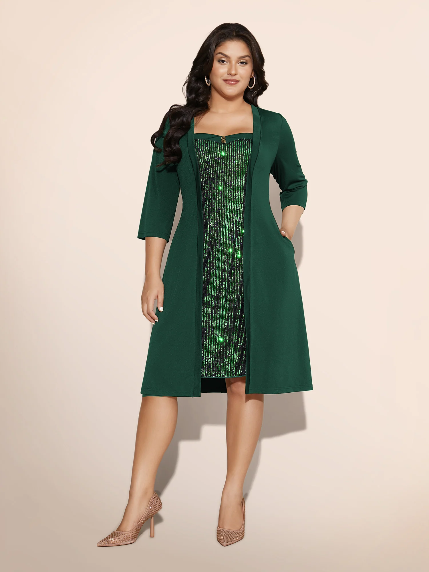 Heart Neckline Patchwork Sequin Button Detail Dress - Image 18