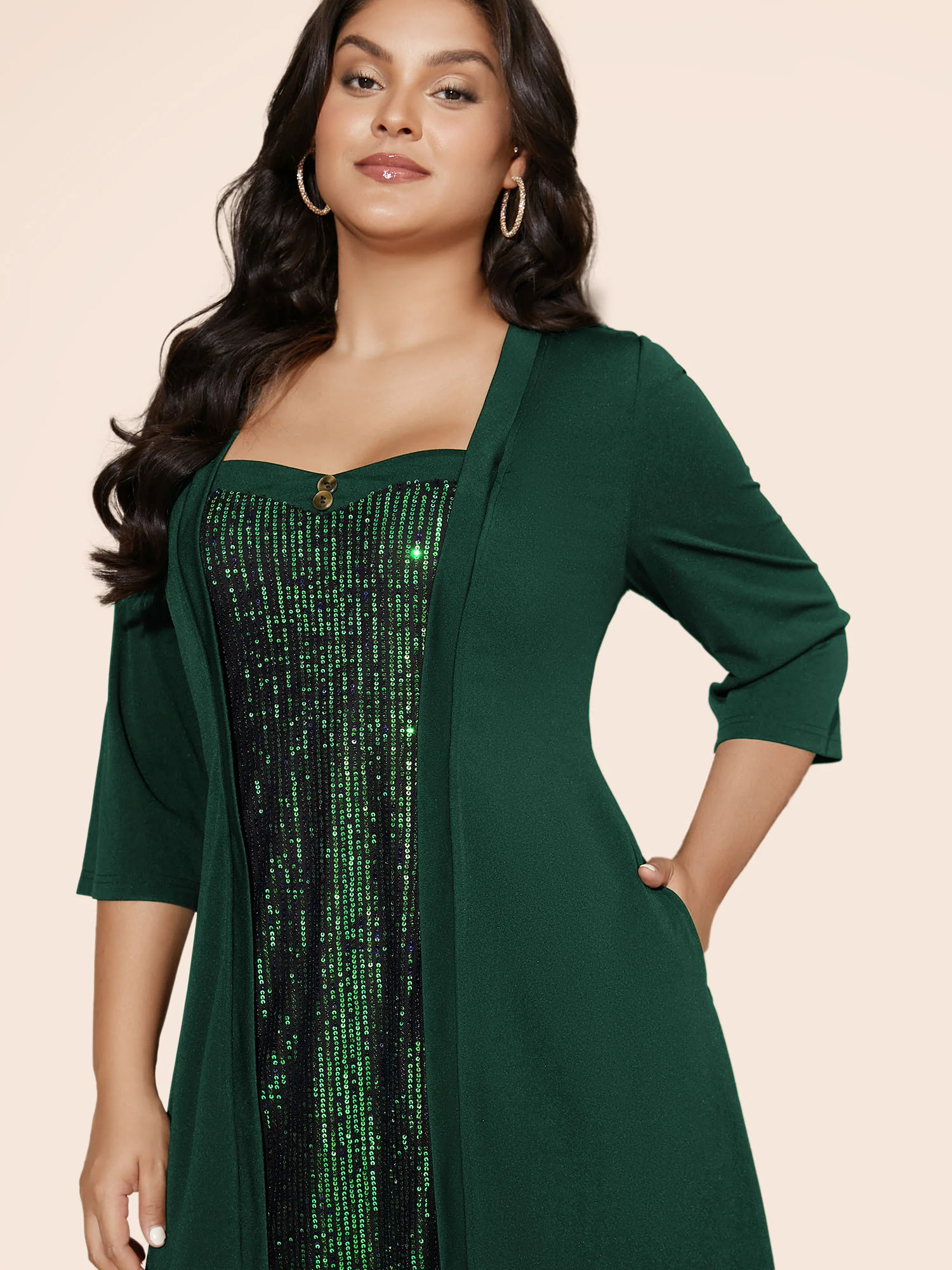 Heart Neckline Patchwork Sequin Button Detail Dress - Image 19