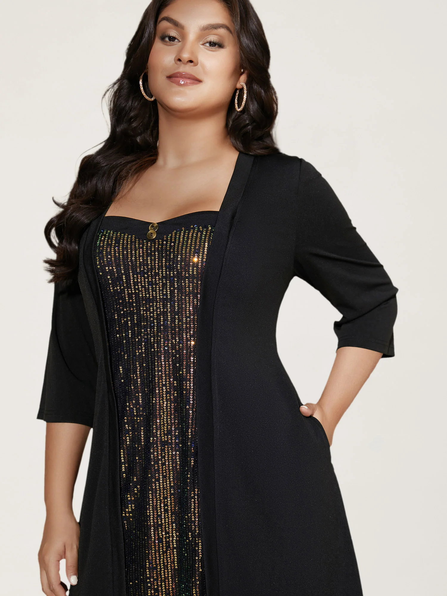 Heart Neckline Patchwork Sequin Button Detail Dress - Image 2