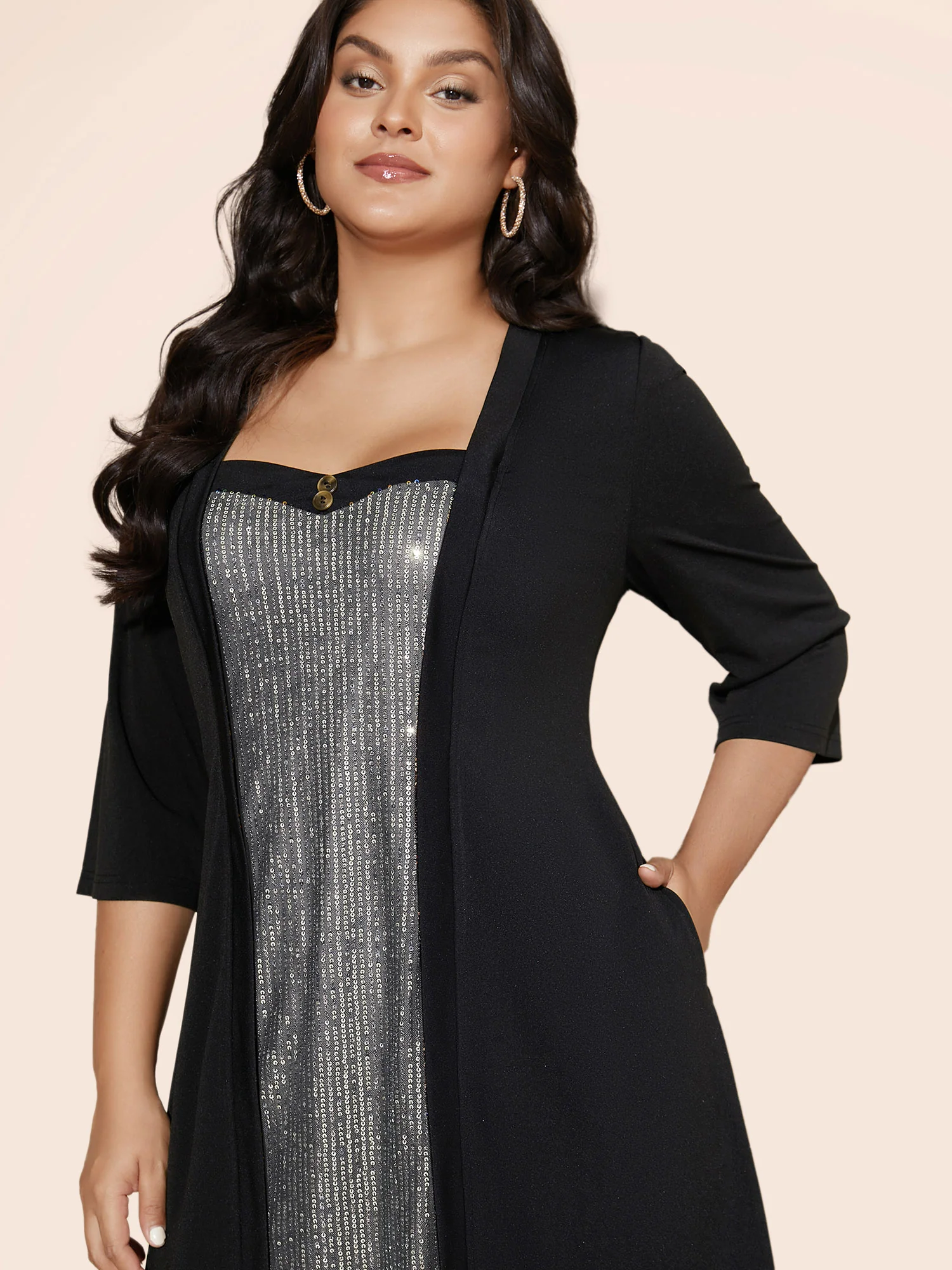 Heart Neckline Patchwork Sequin Button Detail Dress - Image 27