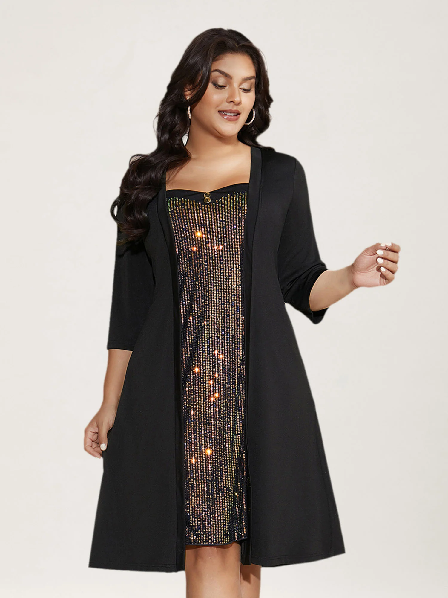 Heart Neckline Patchwork Sequin Button Detail Dress - Image 3