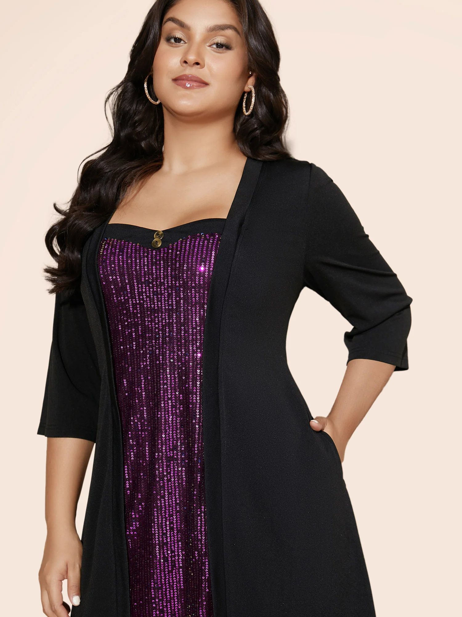 Heart Neckline Patchwork Sequin Button Detail Dress - Image 31