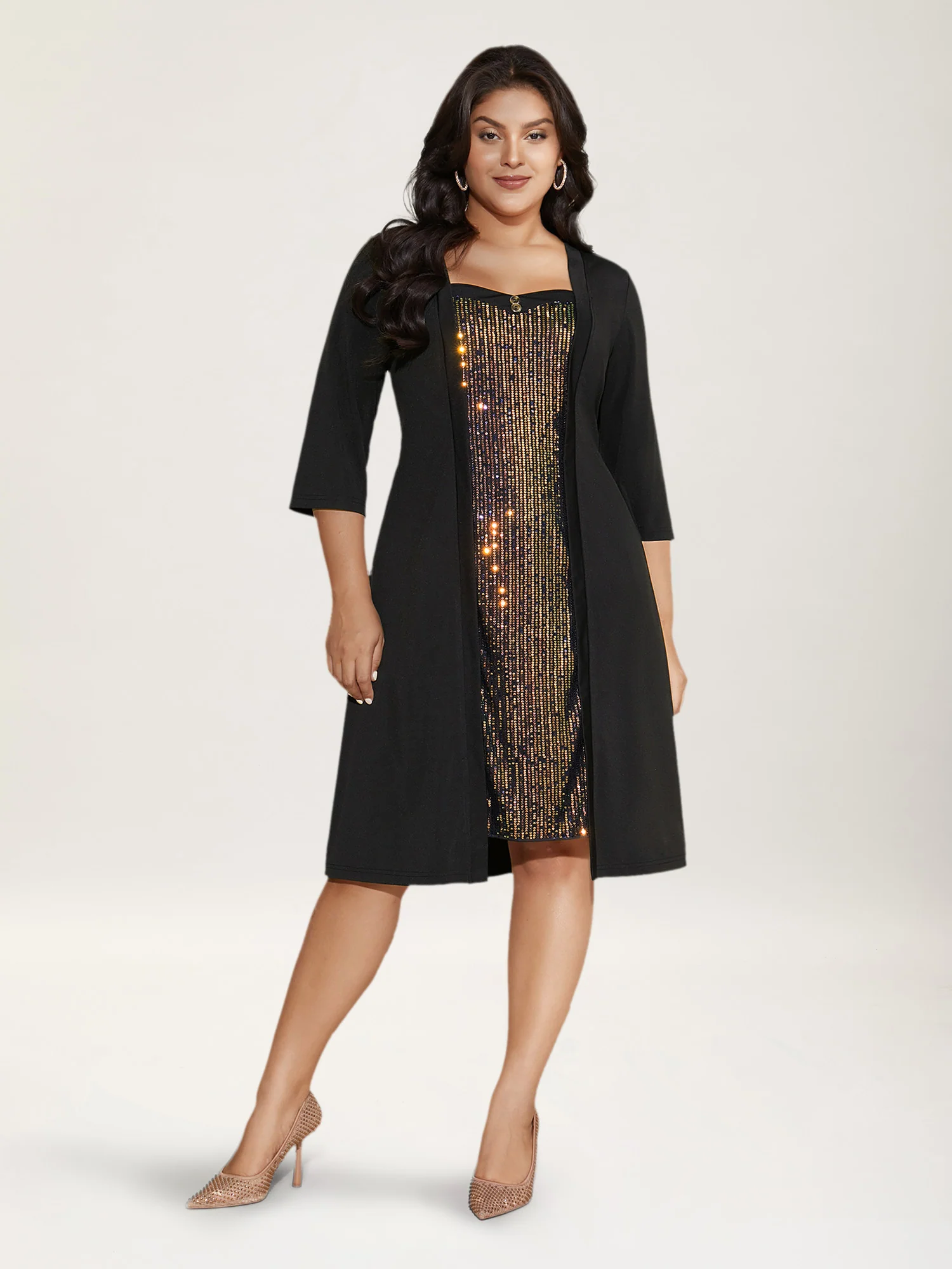 Heart Neckline Patchwork Sequin Button Detail Dress - Image 4