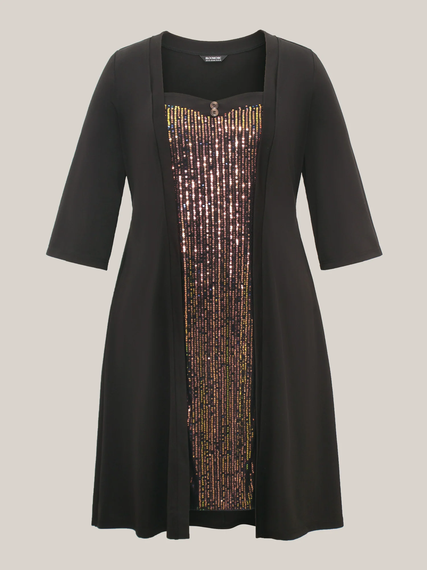 Heart Neckline Patchwork Sequin Button Detail Dress - Image 6