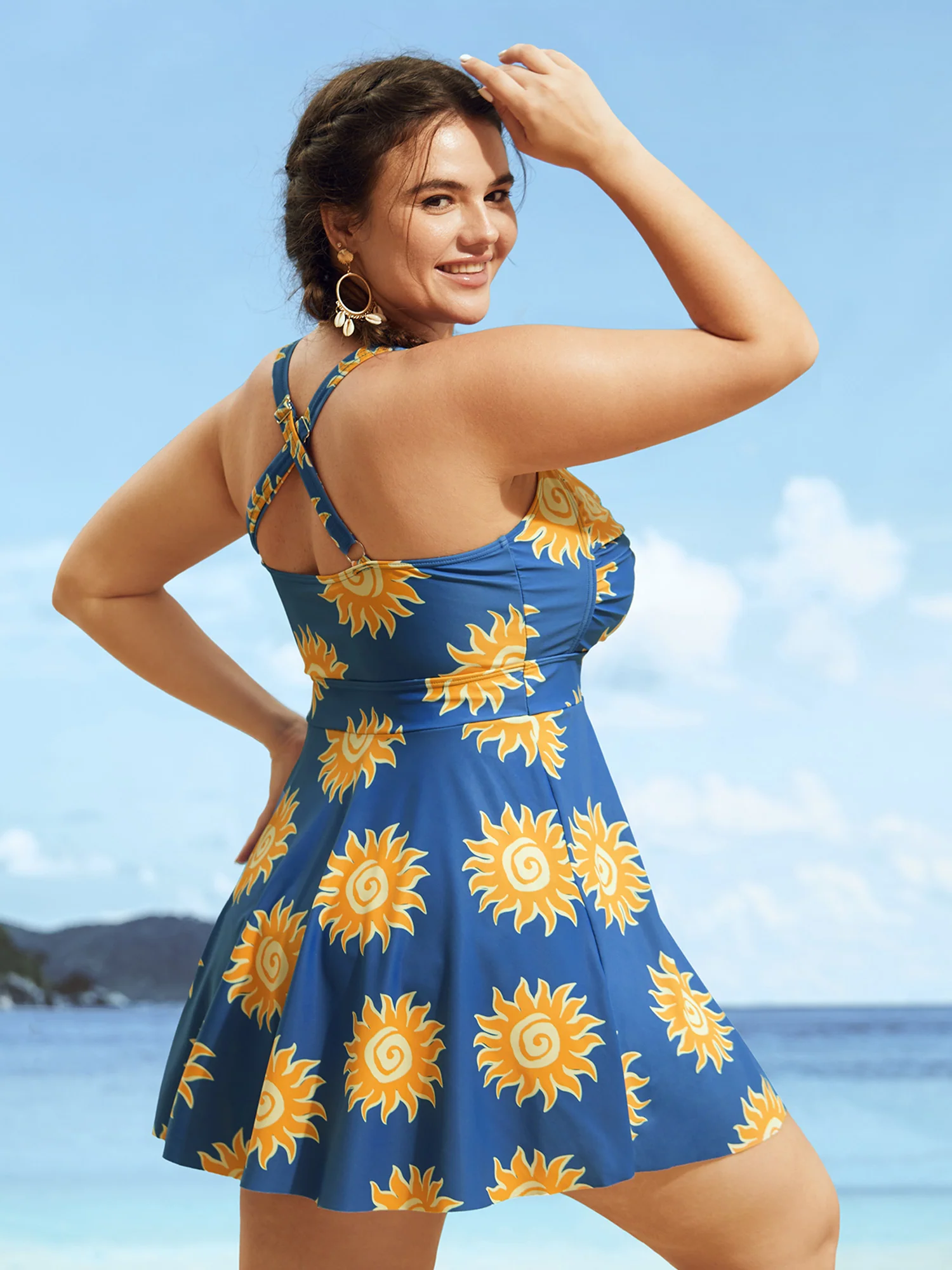 Heart Neckline Sun Print Crossover Swim Dress - Image 2