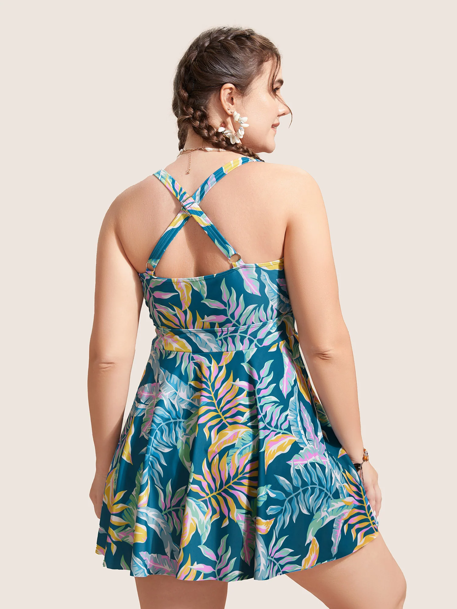 Heart Neckline Tropical Print Twist Front Swim Dress - Image 2