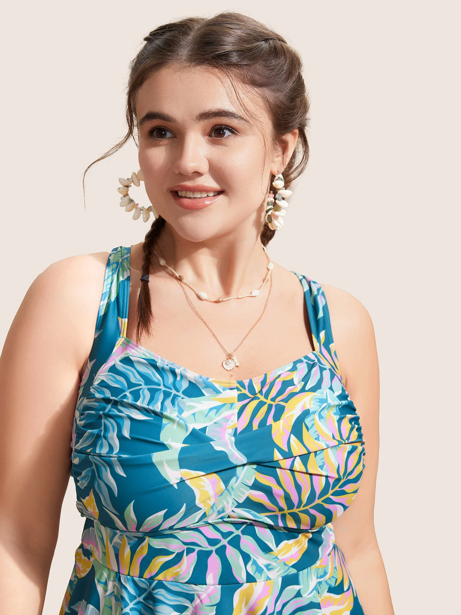 Heart Neckline Tropical Print Twist Front Swim Dress - Image 4