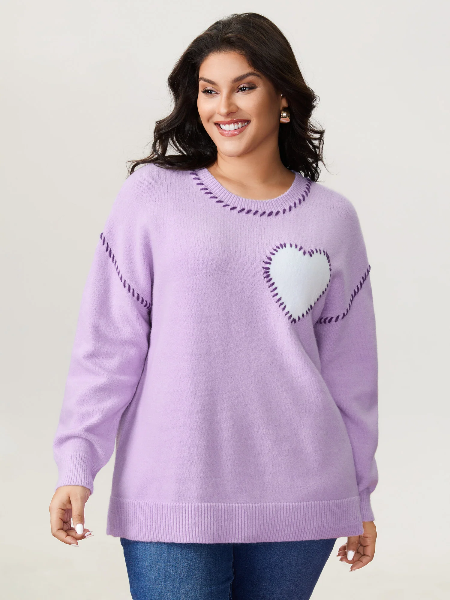 Heart Pattern Jacquard Color Contrast Stitch Pullover - Image 2