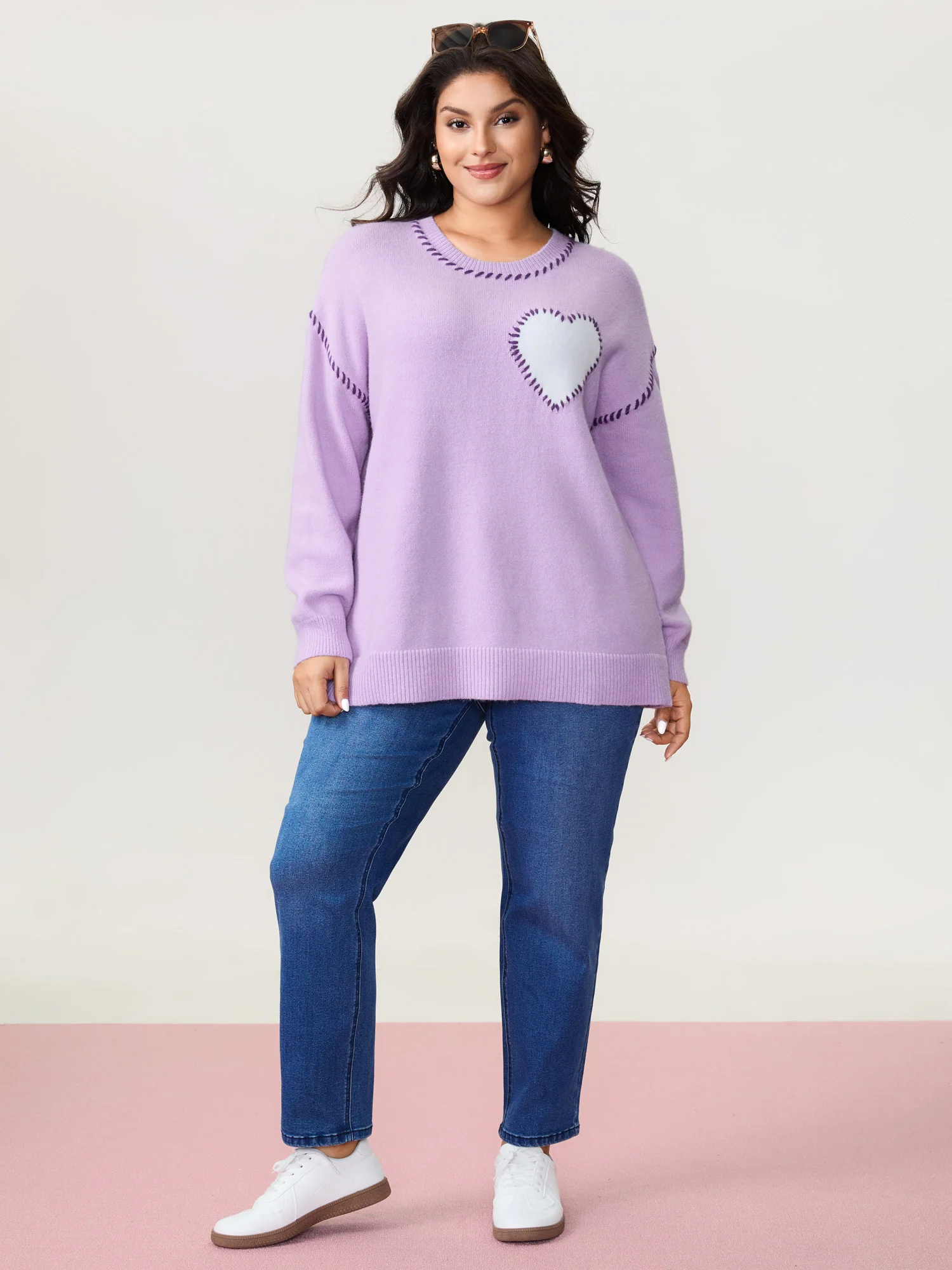 Heart Pattern Jacquard Color Contrast Stitch Pullover - Image 3