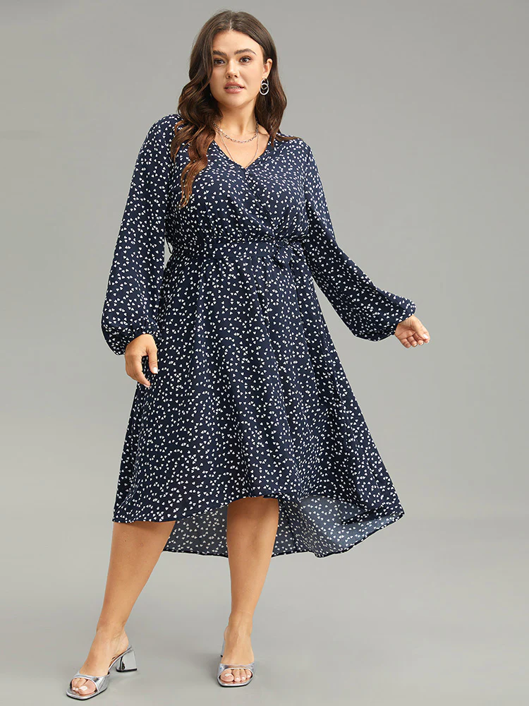 Heart Print Belted Surplice Neck Dress - Image 2