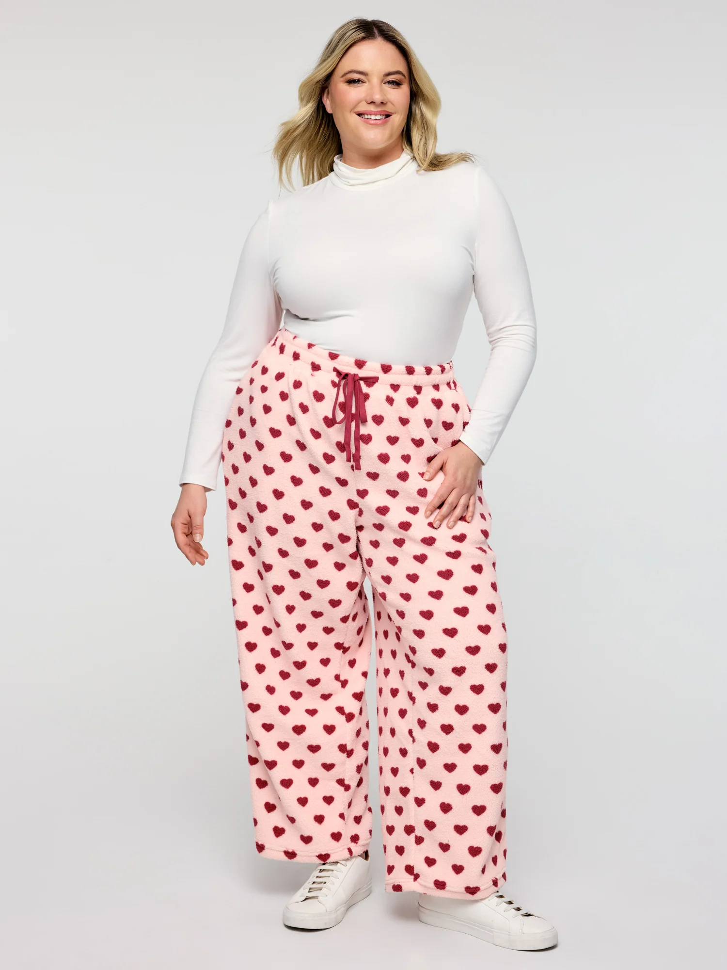 Heart Print Fleece Drawstring Waist Pajama Bottoms - Image 2
