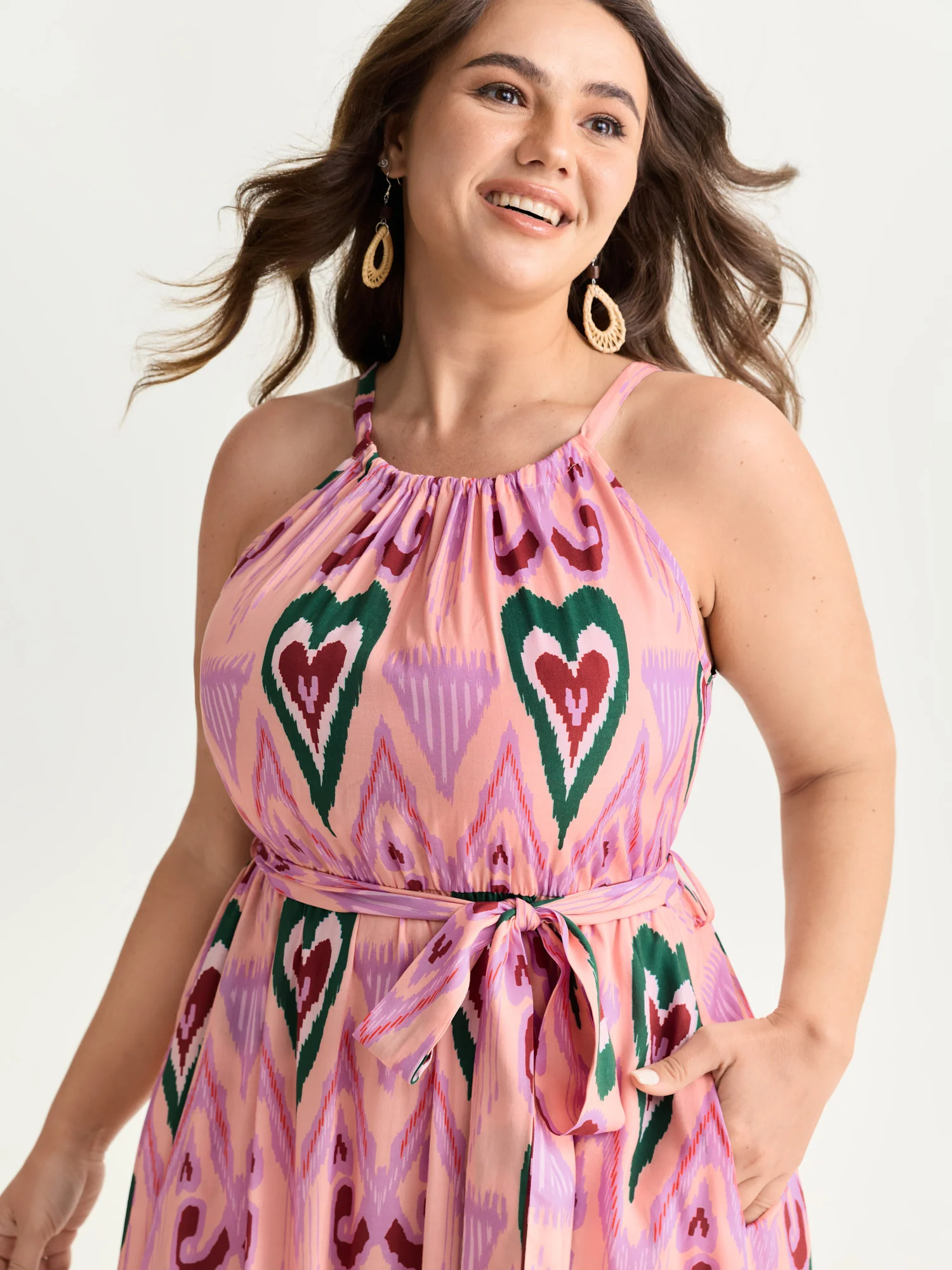 Heart Print Halter Neck Belted Maxi Dress - Image 2