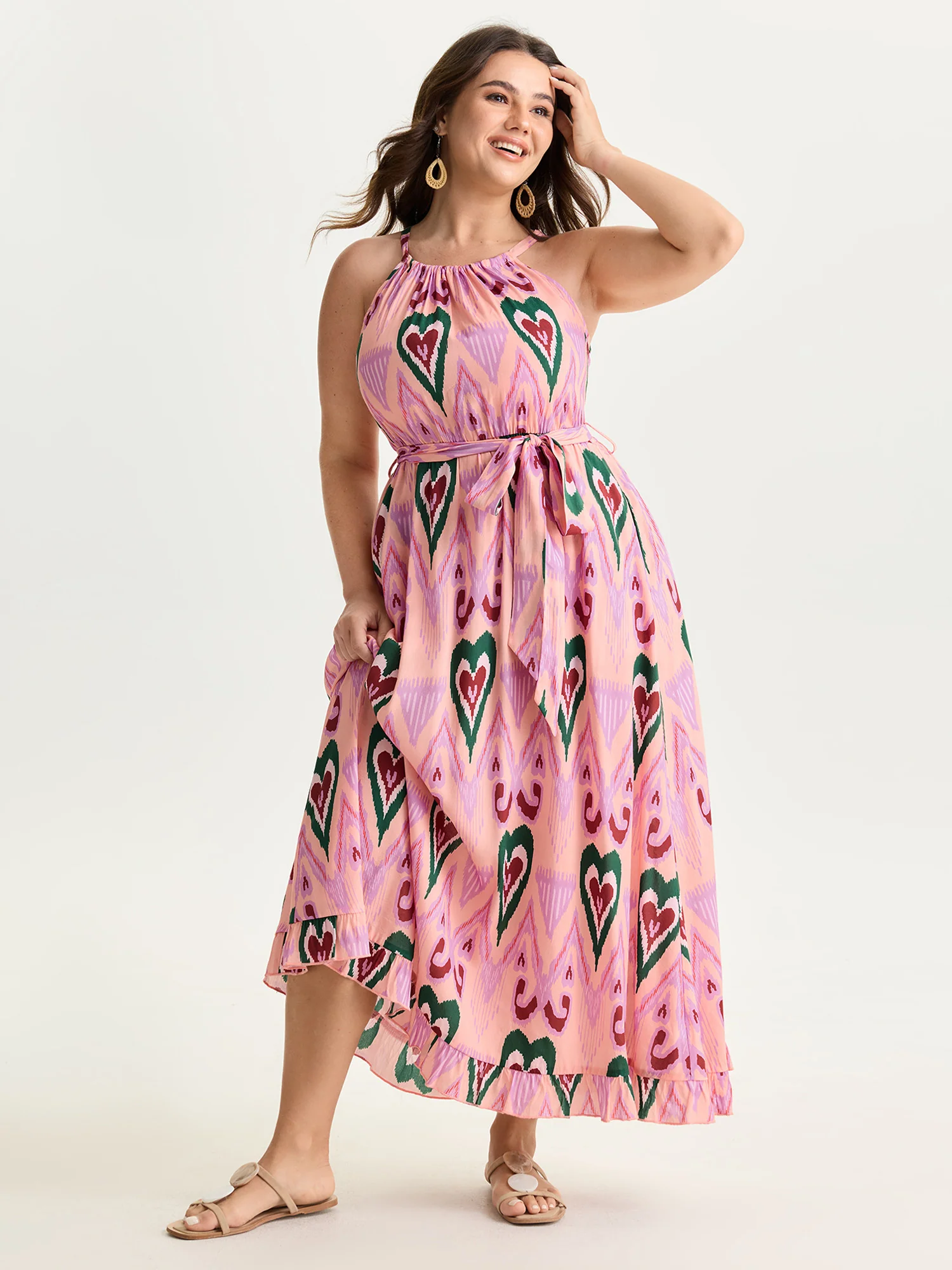 Heart Print Halter Neck Belted Maxi Dress - Image 3