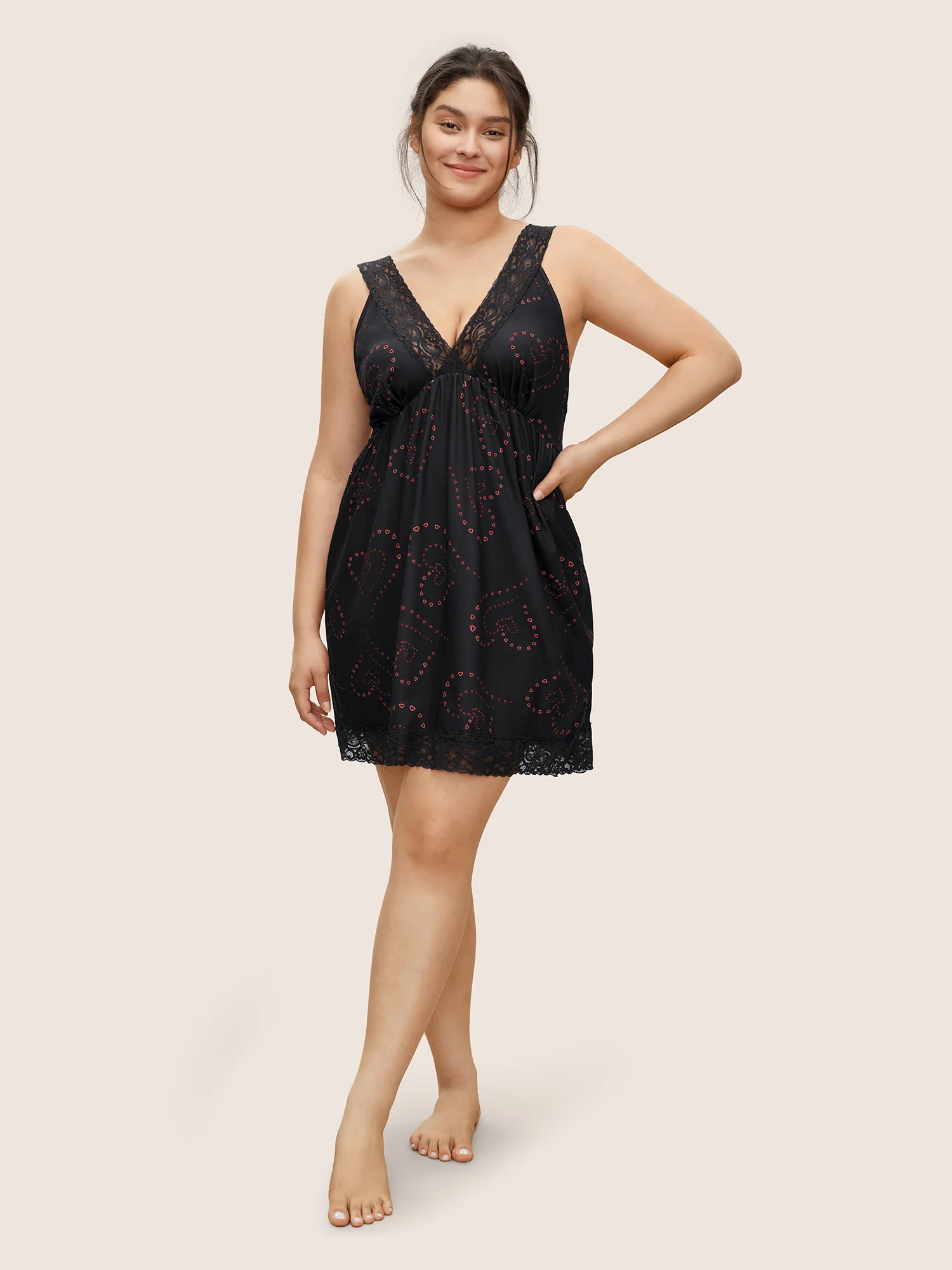 Heart Print Lace Trim Deep V-Neck Nightgown - Image 2
