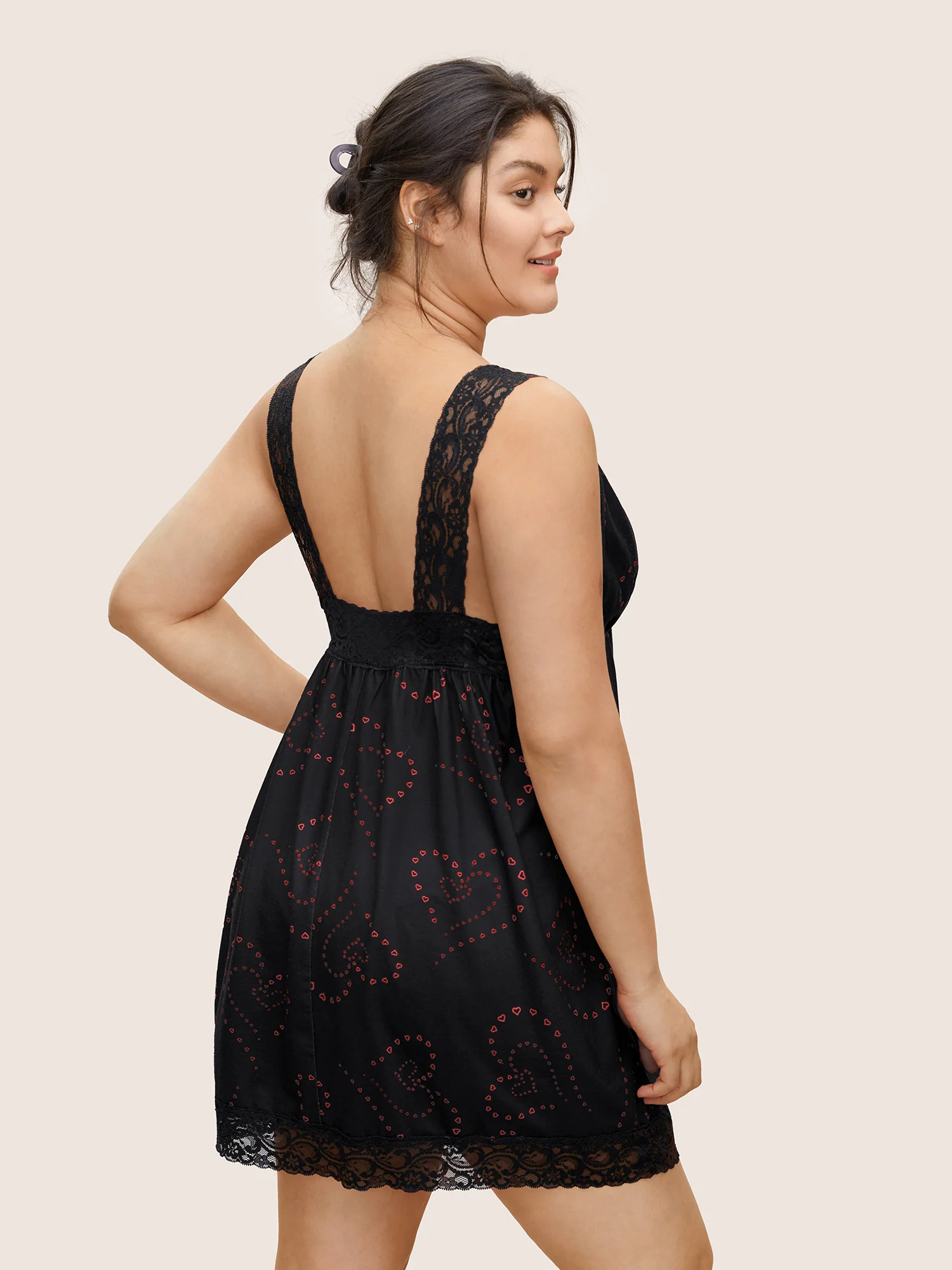 Heart Print Lace Trim Deep V-Neck Nightgown - Image 3