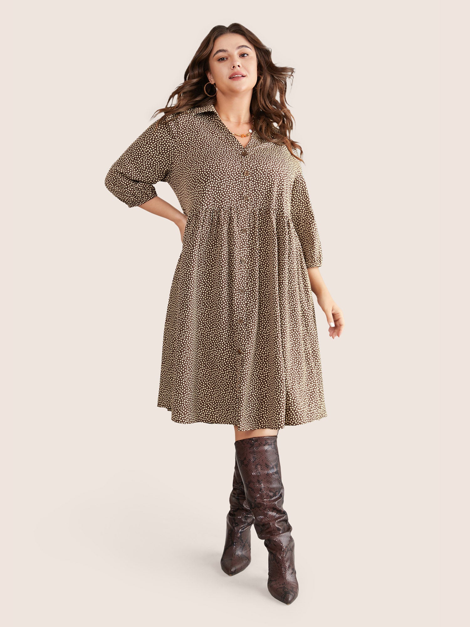 Heart Print Lapel Collar Button Detail Knee Dress - Image 2