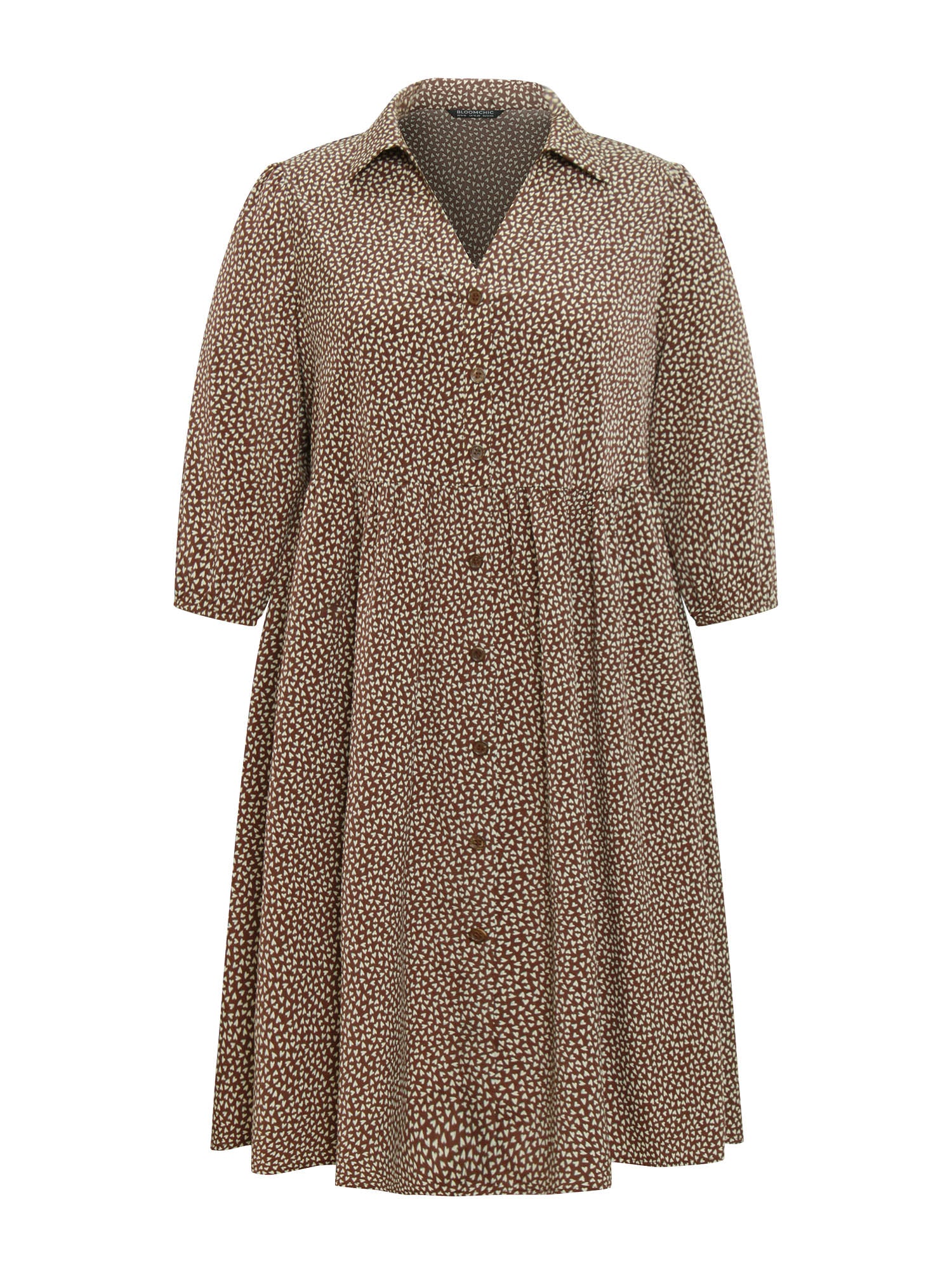 Heart Print Lapel Collar Button Detail Knee Dress - Image 7