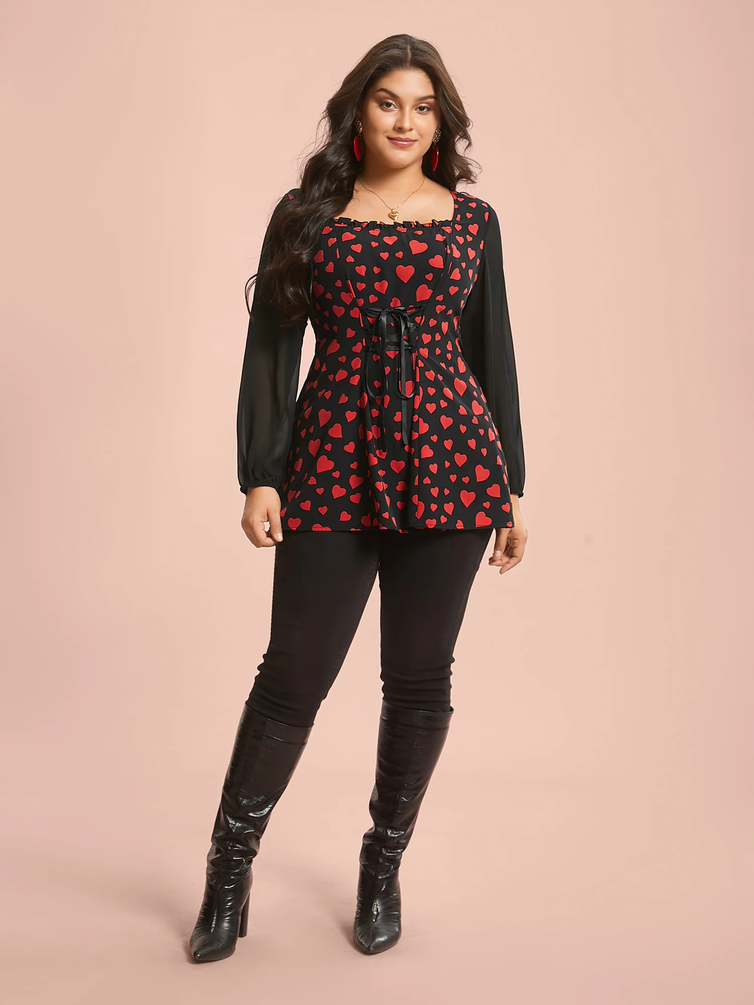 Heart Print Patchwork Waist-Tie Blouse - Image 3