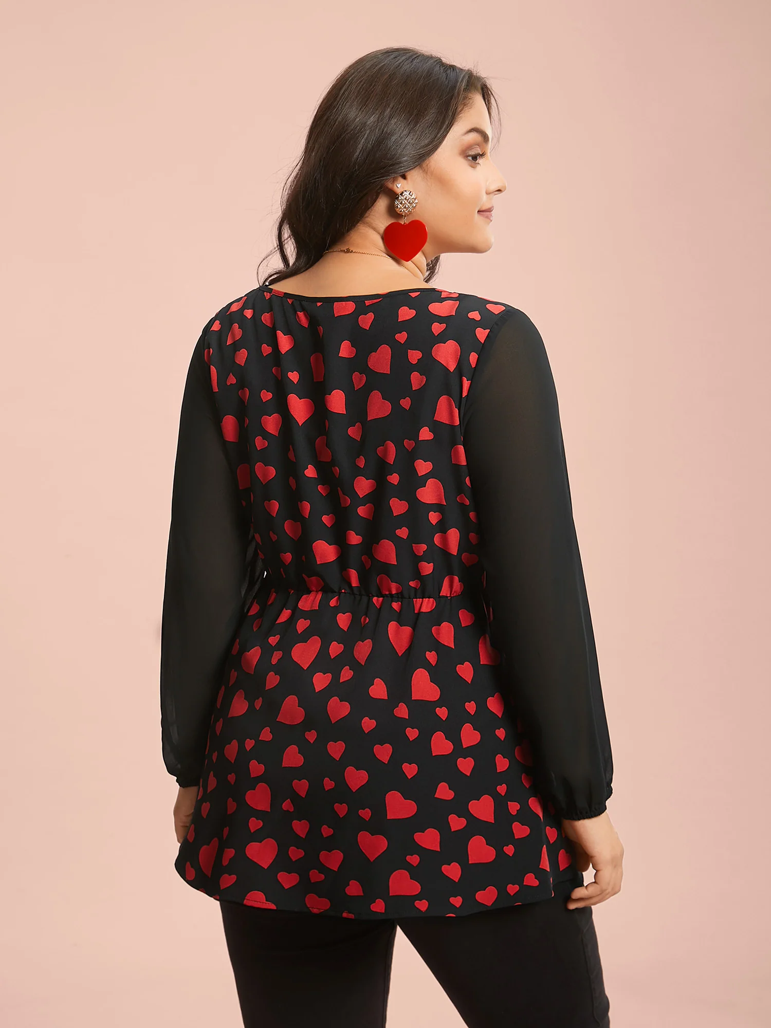 Heart Print Patchwork Waist-Tie Blouse - Image 6