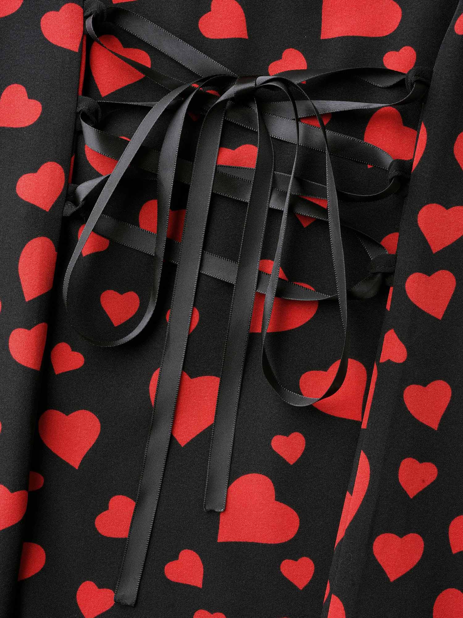 Heart Print Patchwork Waist-Tie Blouse - Image 7
