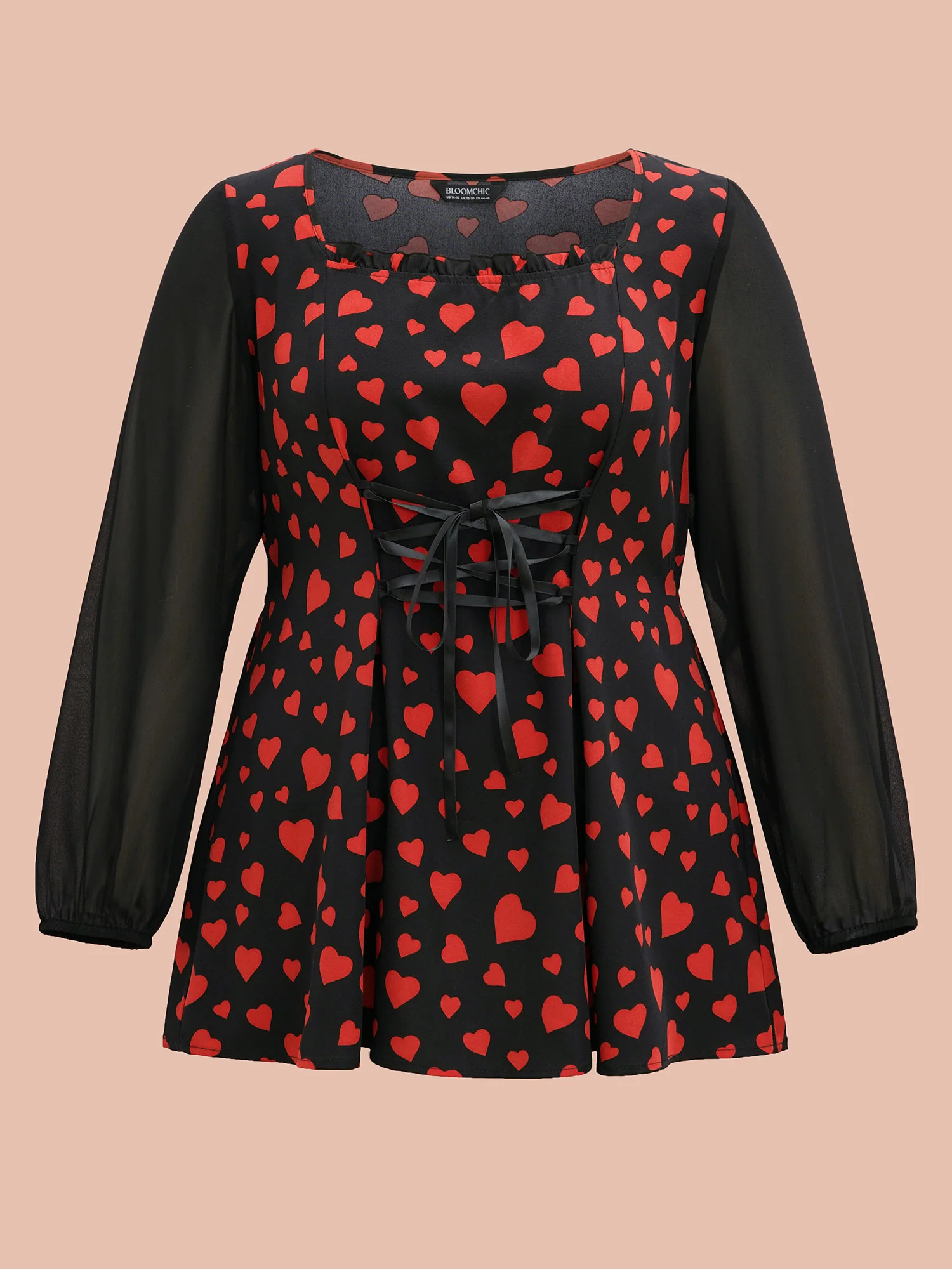 Heart Print Patchwork Waist-Tie Blouse - Image 9